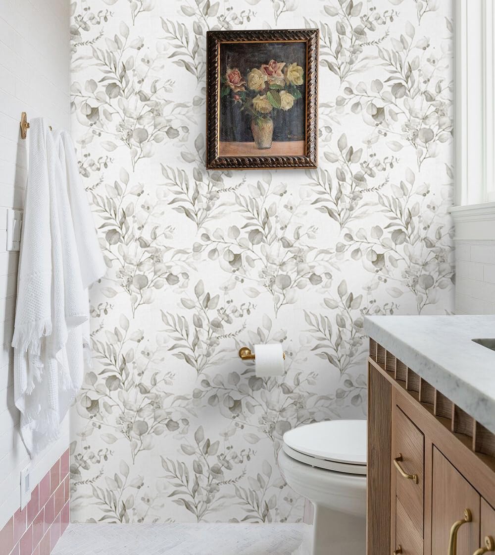 Naphite Floral Wallpaper Peel and Stick Wallpaper for Bedroom 118inL17.3inW Grey Floral Boho Contact Paper for Cabinets Drawer Self Adhesive Removable Farmhouse Contact Paper Eucalyptus Leaf Nursery