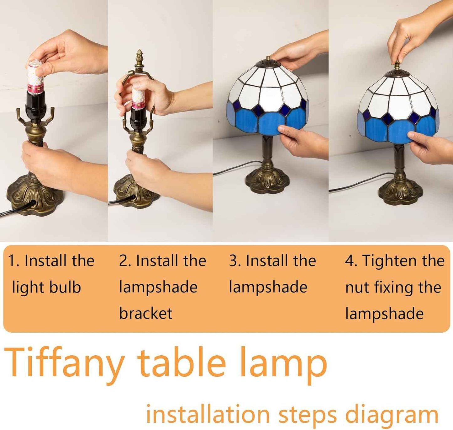 Tiffany Table Lamp - 8 Inch Antique Stained Glass, 3 Color Temperatures, Handcrafted for Bedroom & Living Room