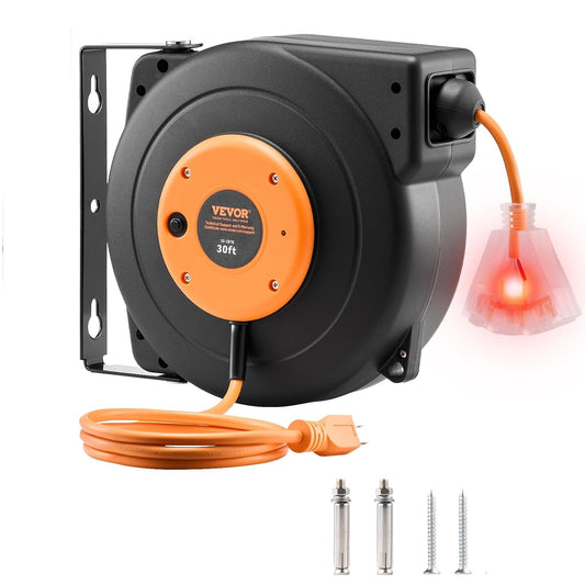 30 FT Retractable Extension Cord Reel - Heavy Duty 16AWG with Lighted Triple Tap Outlet & Circuit Breaker for Garage/Shop