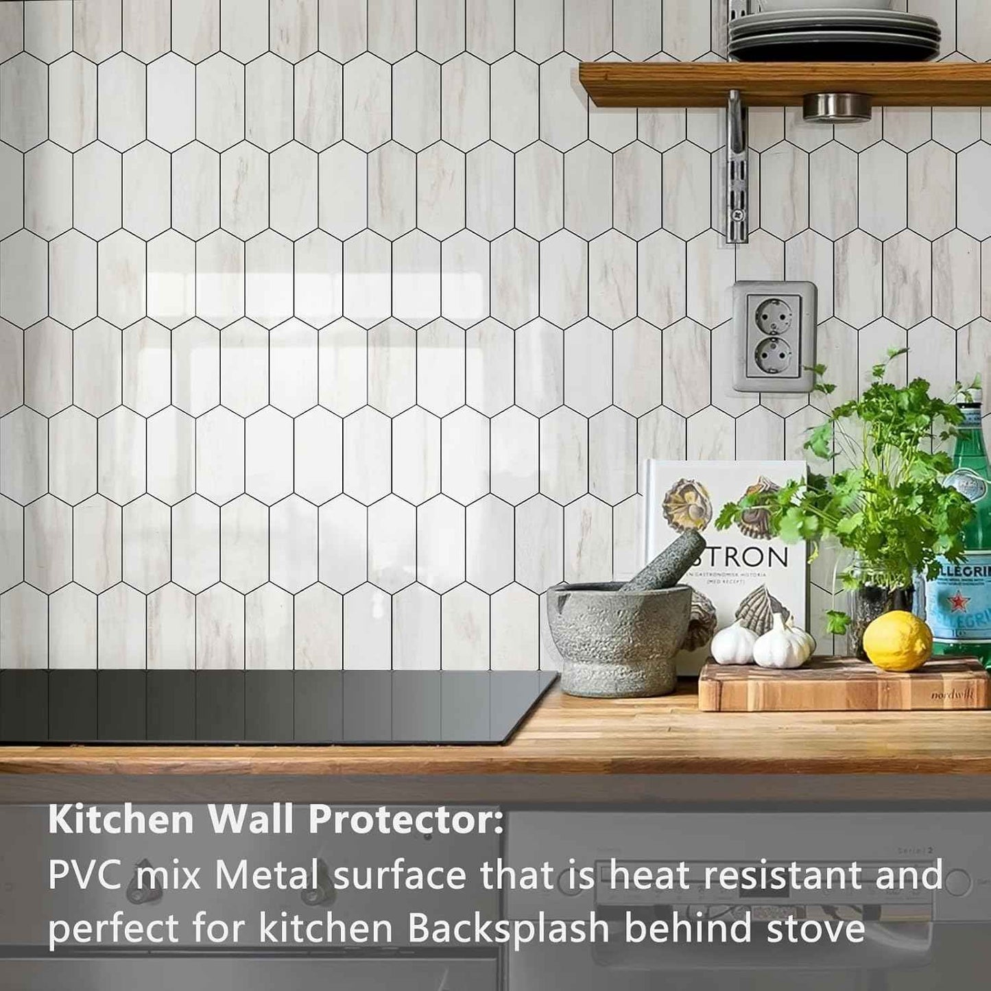 Glossy Wood Grain Peel and Stick Backsplash Tile - 10 Sheets Hexagon Mosaic for Kitchen & Bathroom, 12.4 x 12 Inch
