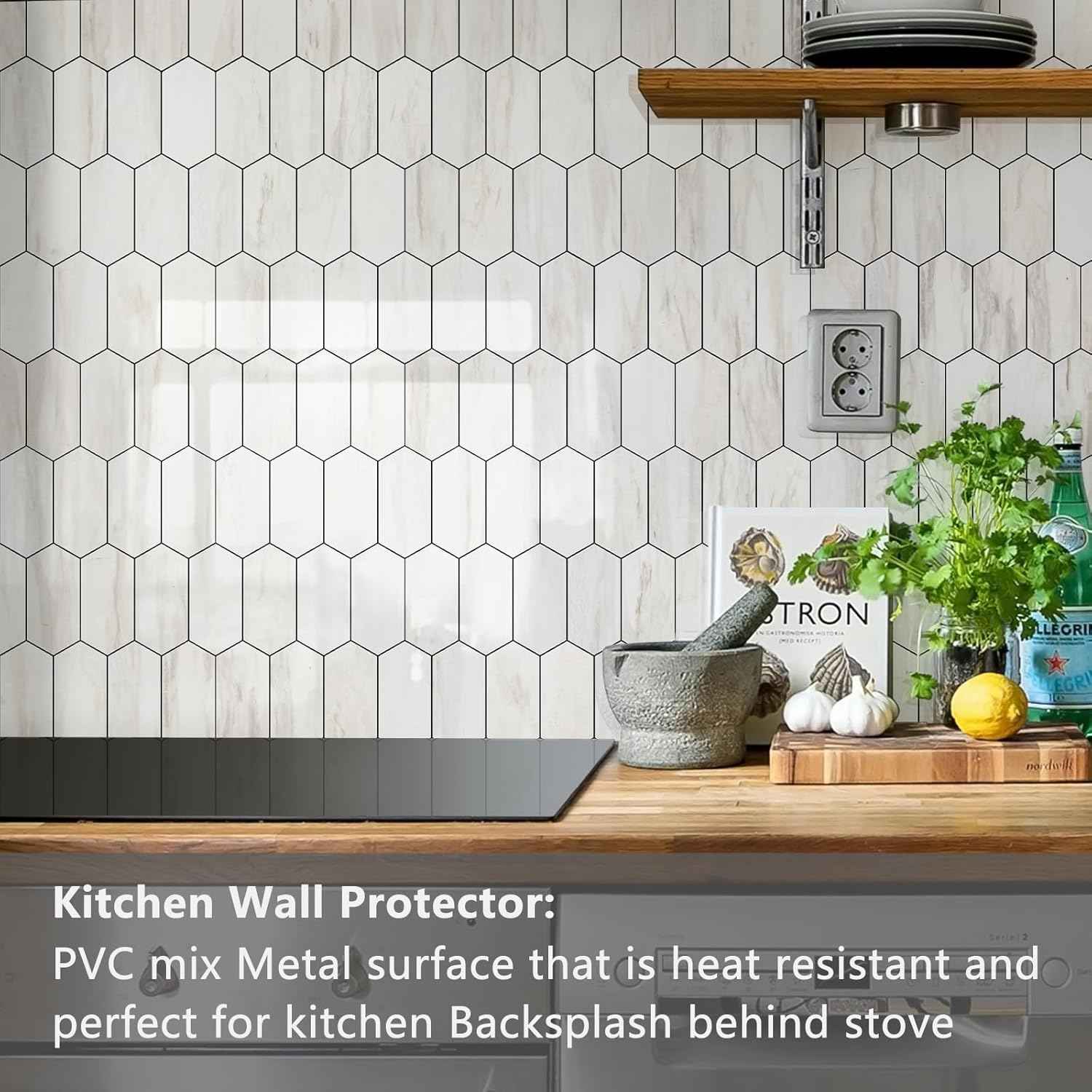 Glossy Wood Grain Peel and Stick Backsplash Tile - 10 Sheets Hexagon Mosaic for Kitchen & Bathroom, 12.4 x 12 Inch