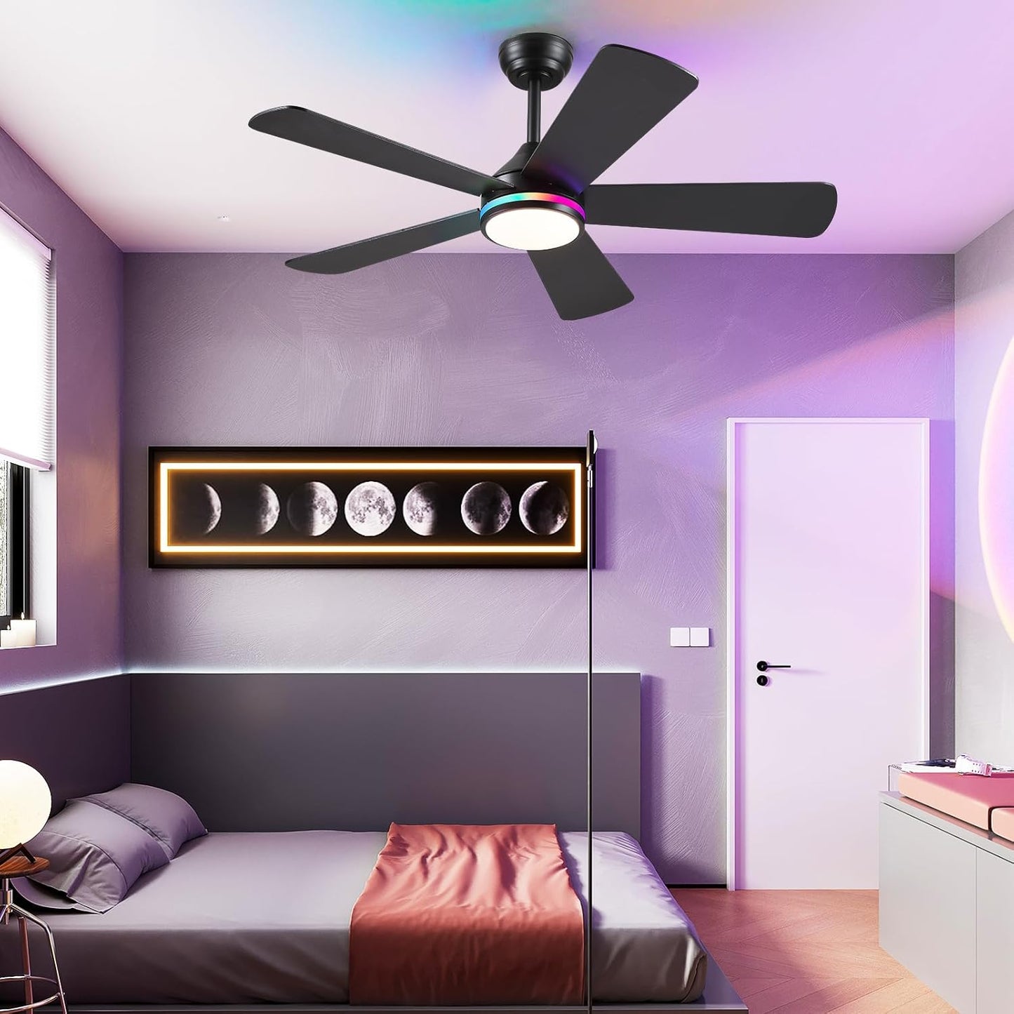 46” Black Low Profile Ceiling Fan with Lights & Remote Control - Dimmable, Noiseless, Reversible for Bedroom