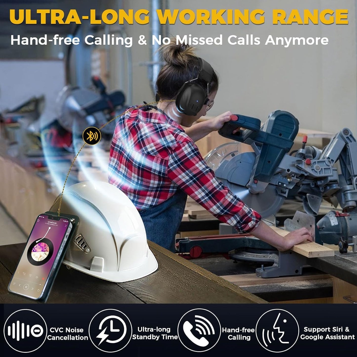 Bluetooth 5.4 Hearing Protection Earmuffs - 120H Rechargeable 30dB Safety Headphones with Mic for Mowing & Construction