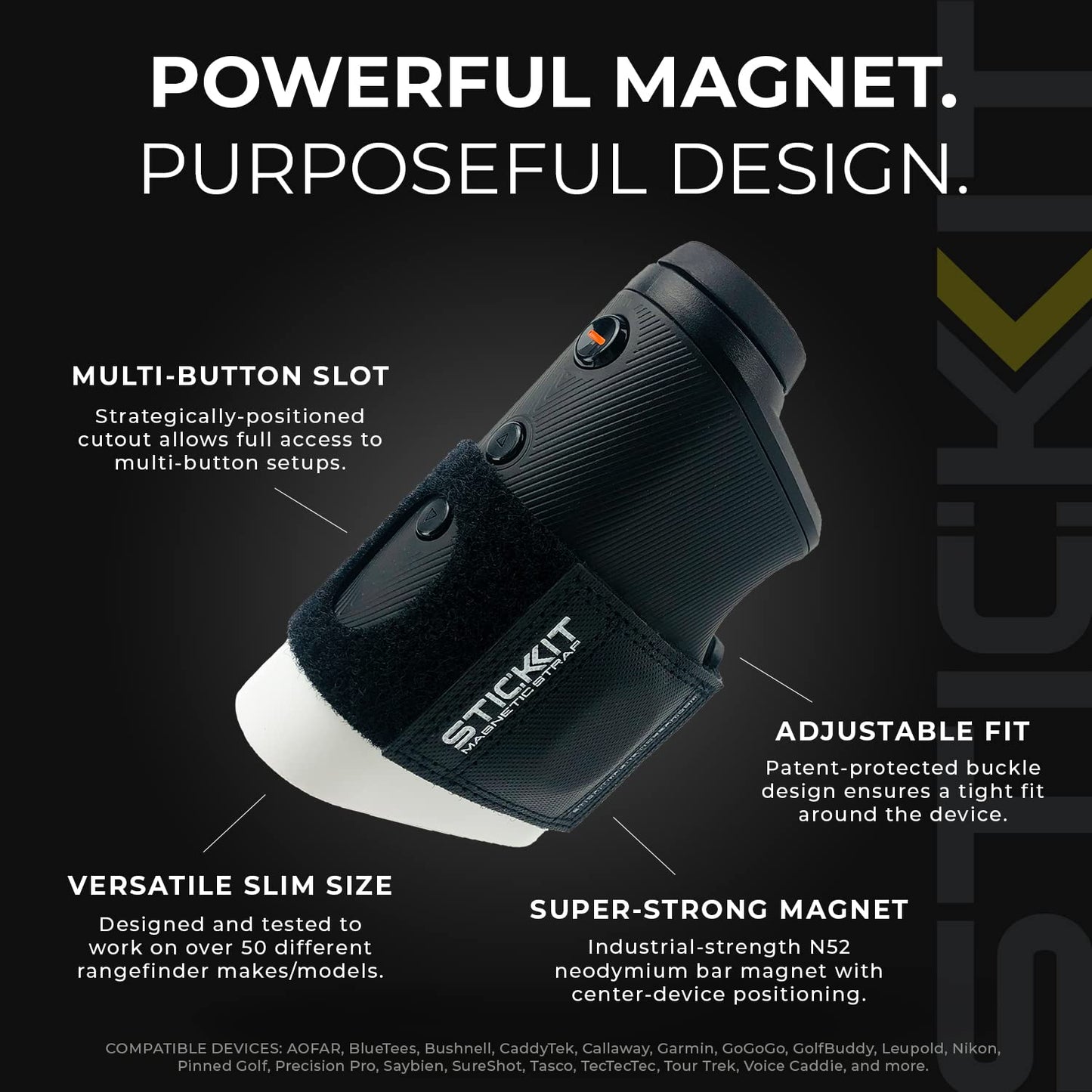 STICKIT Magnetic Rangefinder Strap | Strong Magnet Securely Holds to Golf Carts and Golf Clubs for Easy Access | Slim, Form Fitting, Size Adjustable