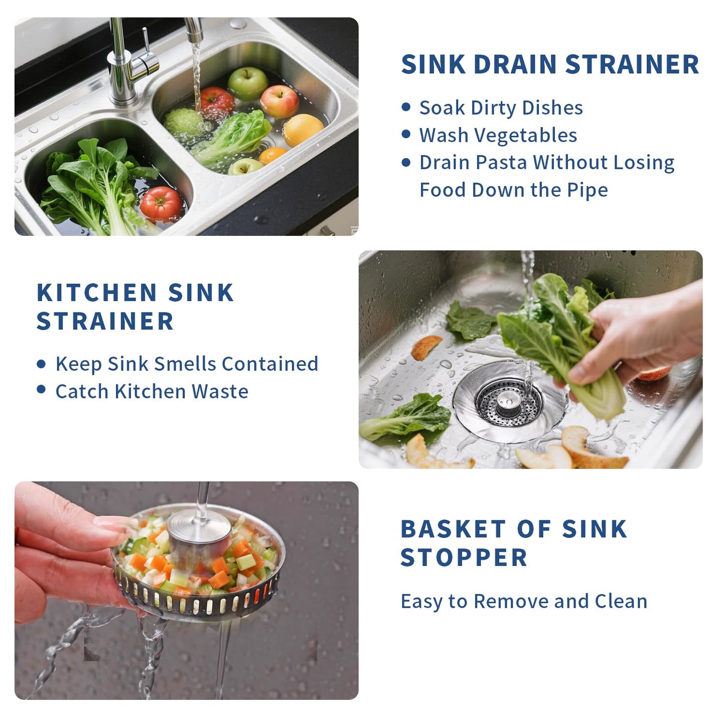 3-in-1 Kitchen Sink Drain Strainer - Pop Up Sink Stopper, Stainless Steel Sink Drain Strainer, Kitchen Sink Stopper & Drain Plug with Anti-Clogging Basket,Sink Strainer Fits US Standard 3-1/2'' Drains