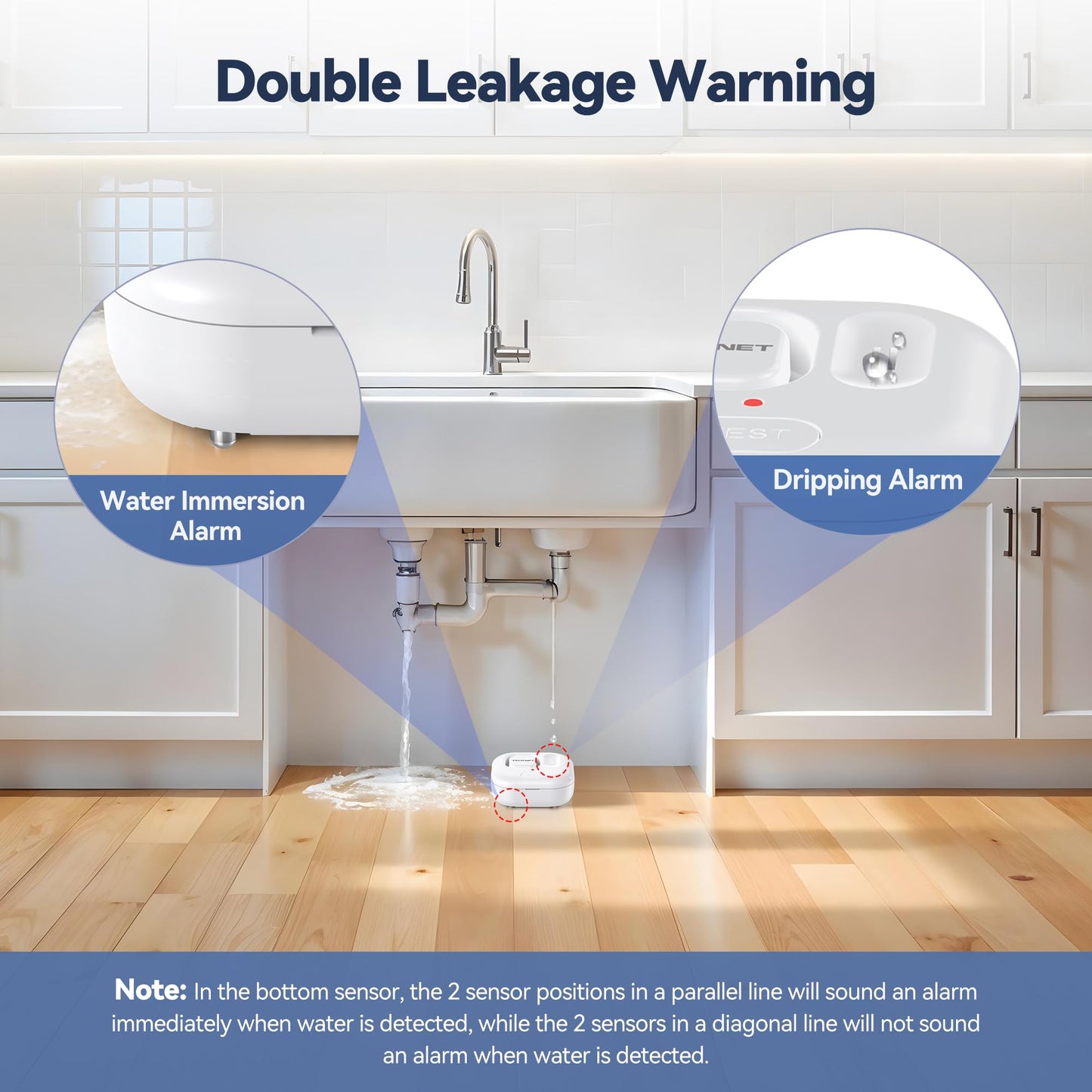 TECKNET Water Leak Detectors for Home, 120dB Water Sensor Alarm Leak Detector, IP66 Waterproof, Water Leak Detectors for Bathroom, Sink, Laundry, Window, Basements, Kitchens(1 Pack, Battery Included)