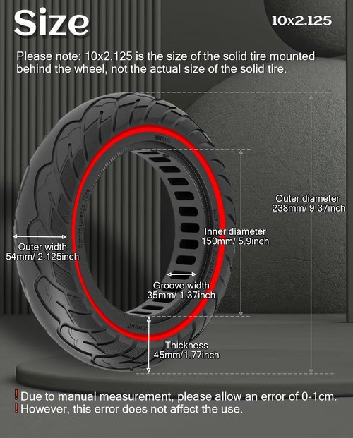 GLDYTIMES 10x2/54-152 Solid Tire, 10x2.125 Tubeless Tyre Fit for Ninebot F25/ F30/ F40/ F65/ D40X/ D18W/ D28U Swagtron SG-5 VOLPAM SP01/SPT7 Electric Scooter, Fit for 50/75-6.1 Original Tire, Red 1pc