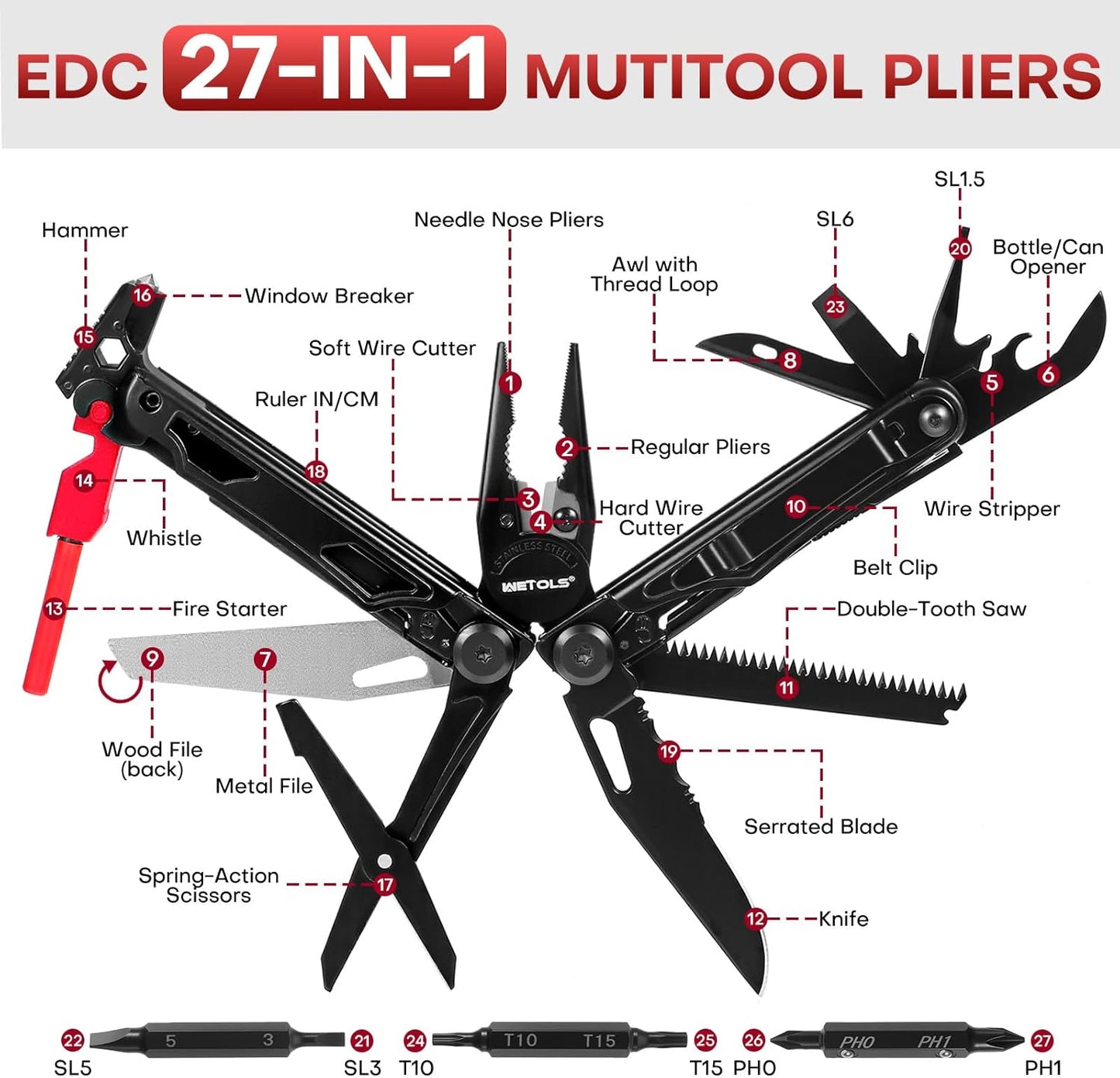 WETOLS 21-in-1 Multitool with Pocket Knife & Pliers - Perfect Christmas Gift for Men & Dads, EDC Survival Gear