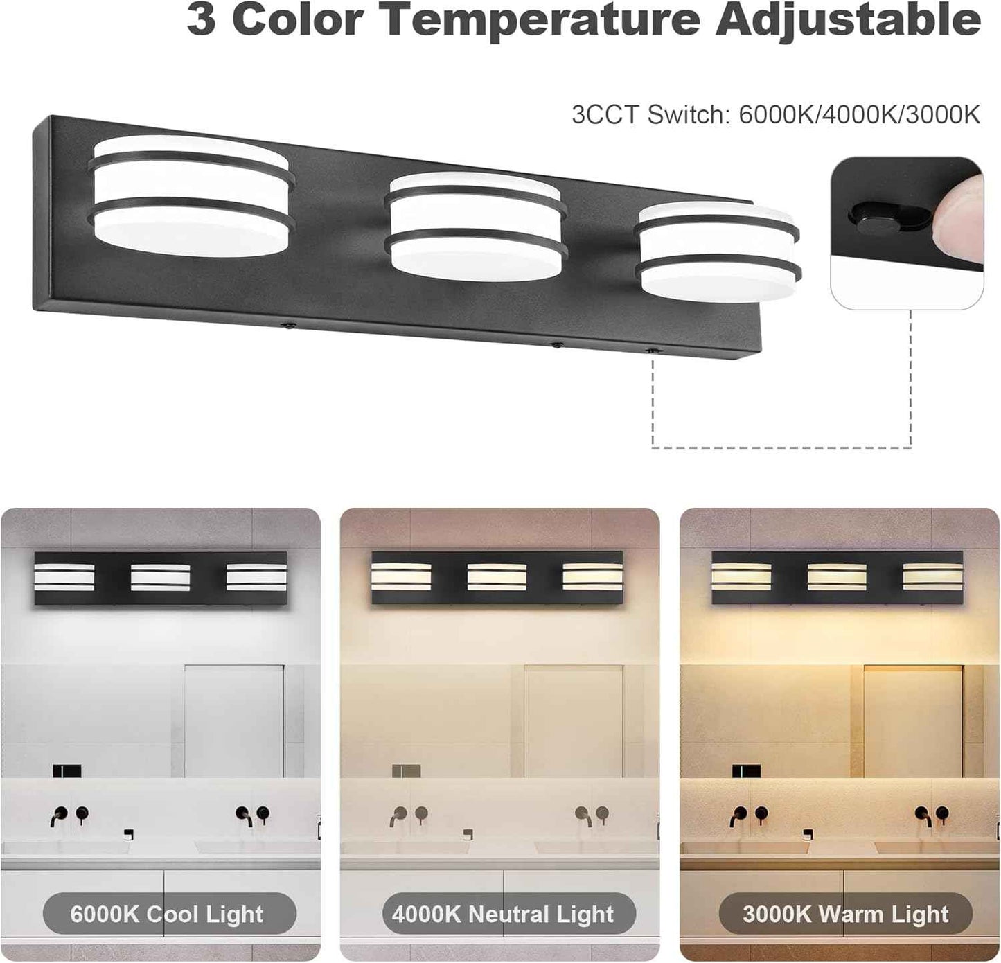 LED Chrome 3-Light Dimmable Bathroom Vanity Light Fixture - Modern Acrylic & Stainless Steel Over Mirror Lighting
