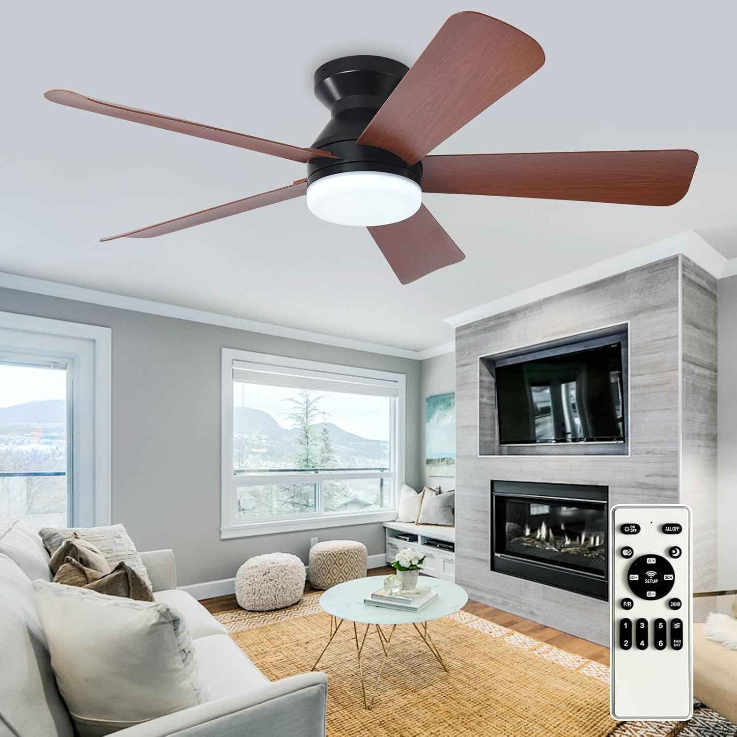 42-Inch Modern Black Ceiling Fan with Light & Remote - Dimmable Low Profile, 5 Reversible Walnut Blades, 6 Speeds for Indoor/Outdoor Use