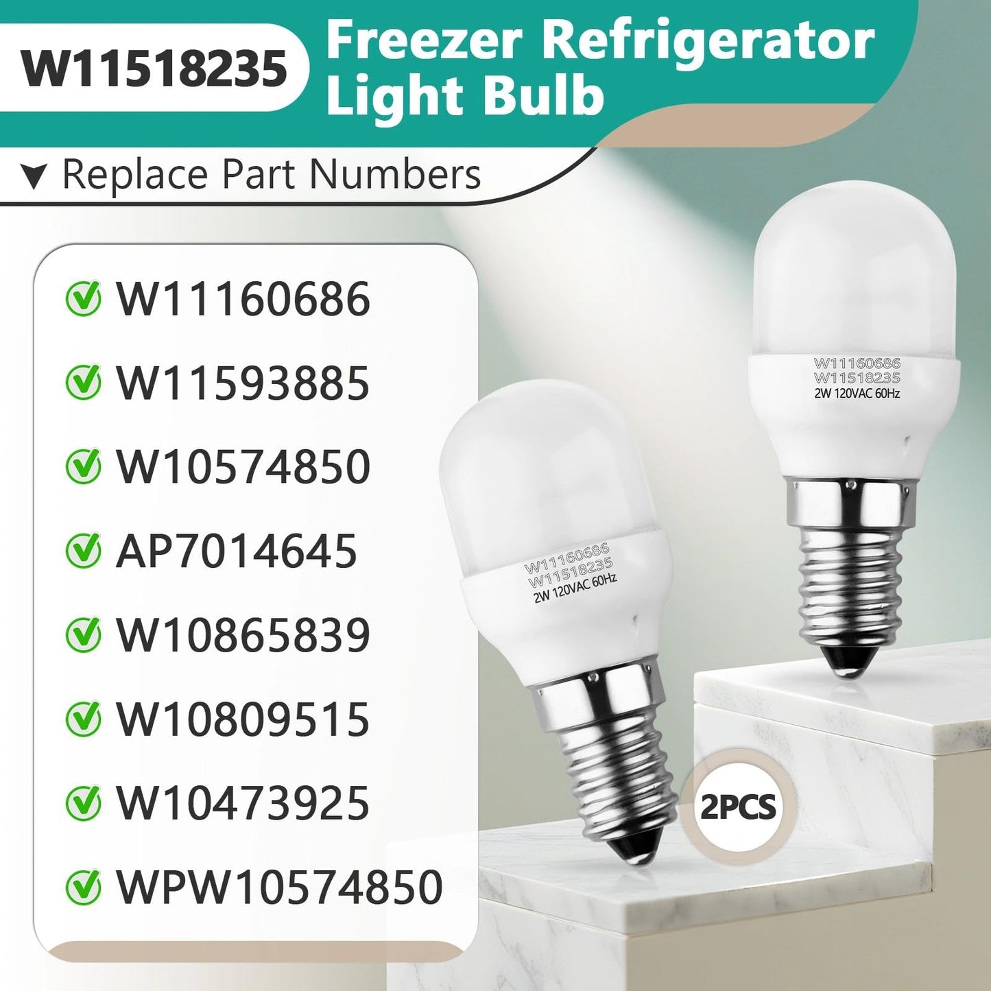 Gfdoso 2Pcs W11518235 Freezer Refrigerator Light Bulb - W11160686 Lamp Light Bulb Compatible with Kenmore Whirlpool Freezer Bulb 120V 2W Replaces W10473925 W10574850 PS16555179 W10865839