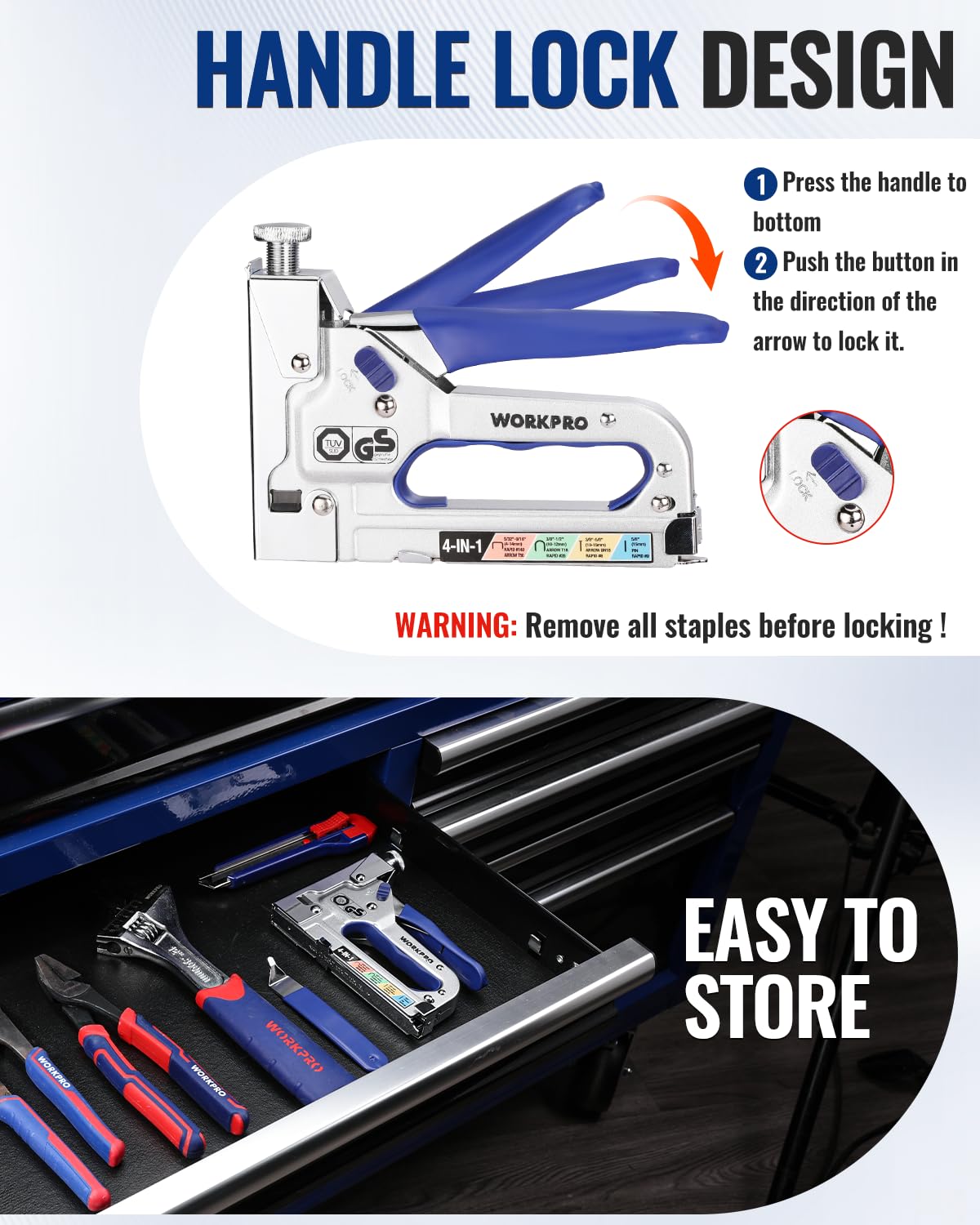 WORKPRO 4-in-1 Staple Gun, Manual Brad Nailer with 2000 Counts Staples, Upholstery Stapler Nail Gun for Fixing Material, Decoration, Carpentry, Furniture, Doors and Windows