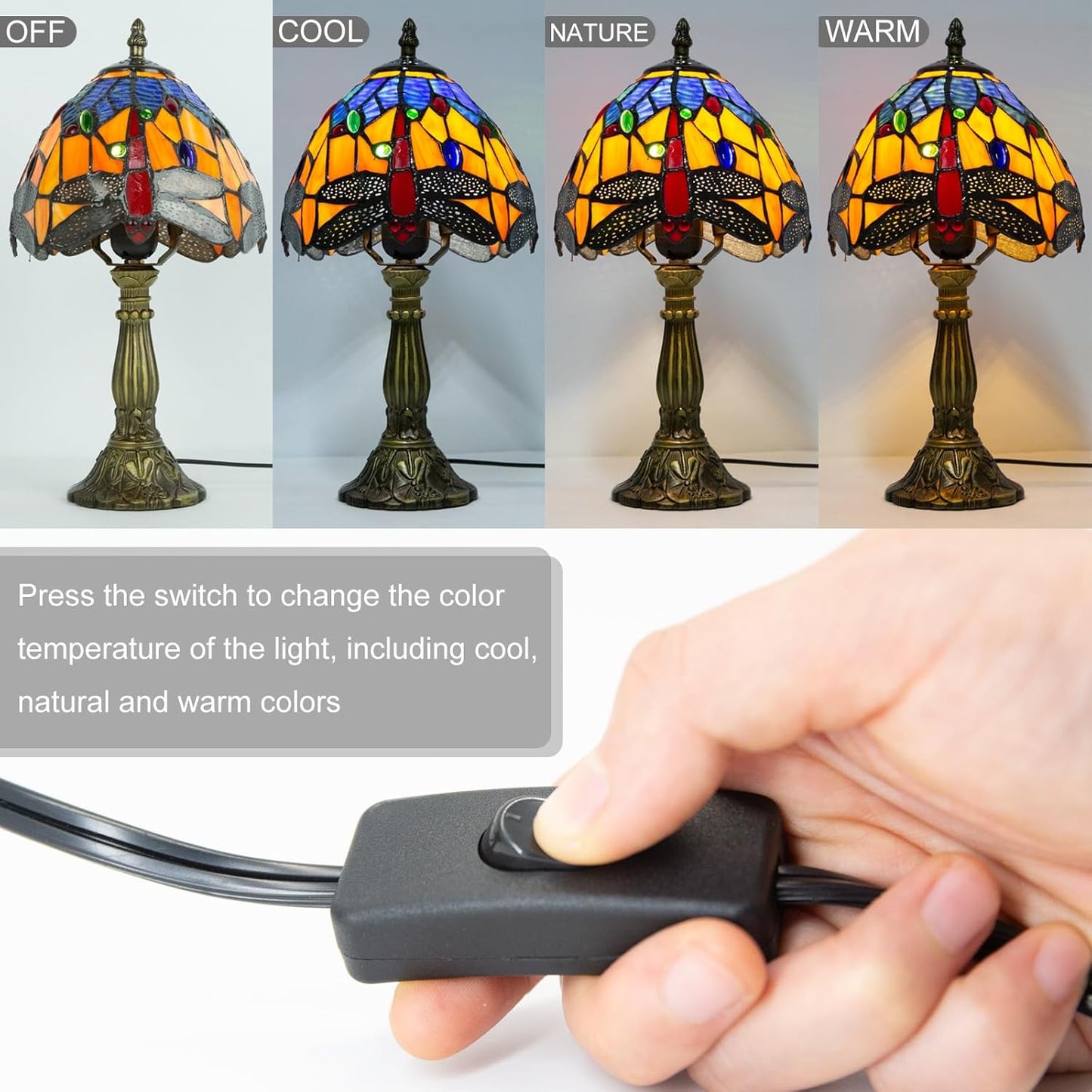 Tiffany Table Lamp - 8 Inch Antique Stained Glass, 3 Color Temperatures, Handcrafted for Bedroom & Living Room