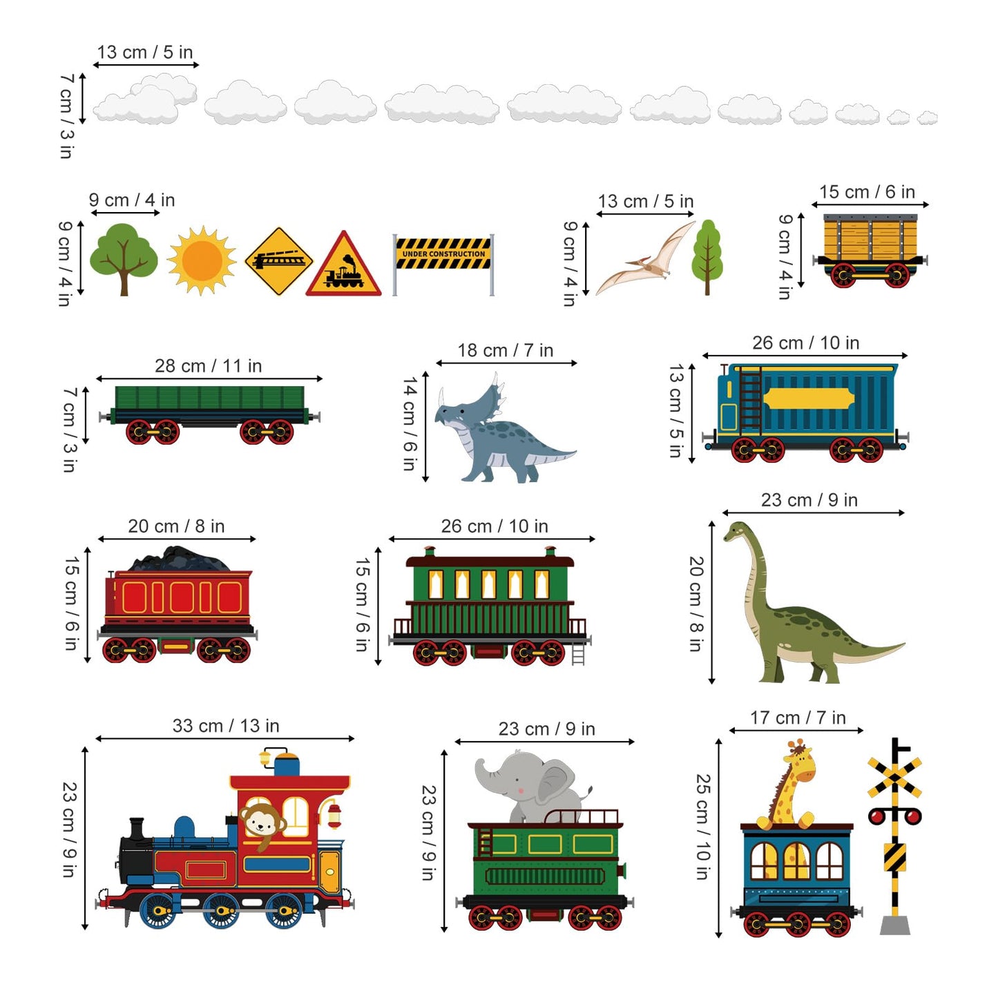 decalmile Animal Train Wall Stickers Dinosaur Elephant Giraffe Wall Decals Baby Nursery Children Bedroom Playroom Wall Decor
