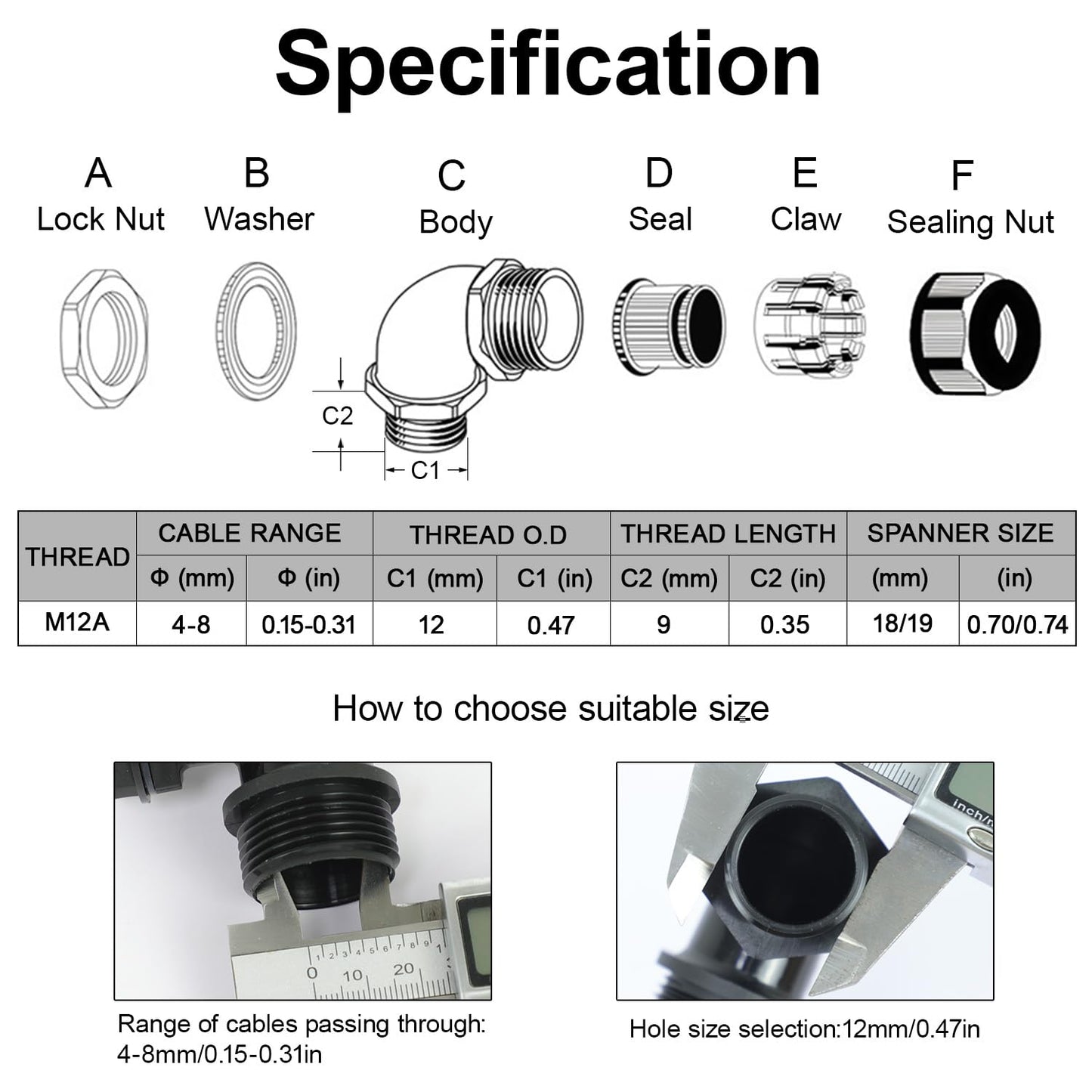 LeMotech M12 Cable Gland, 90 Degree Adjustable 4-8mm Strain Relief, Cord Connectors Nylon Joints with Gaskets, 6 Pcs, Black