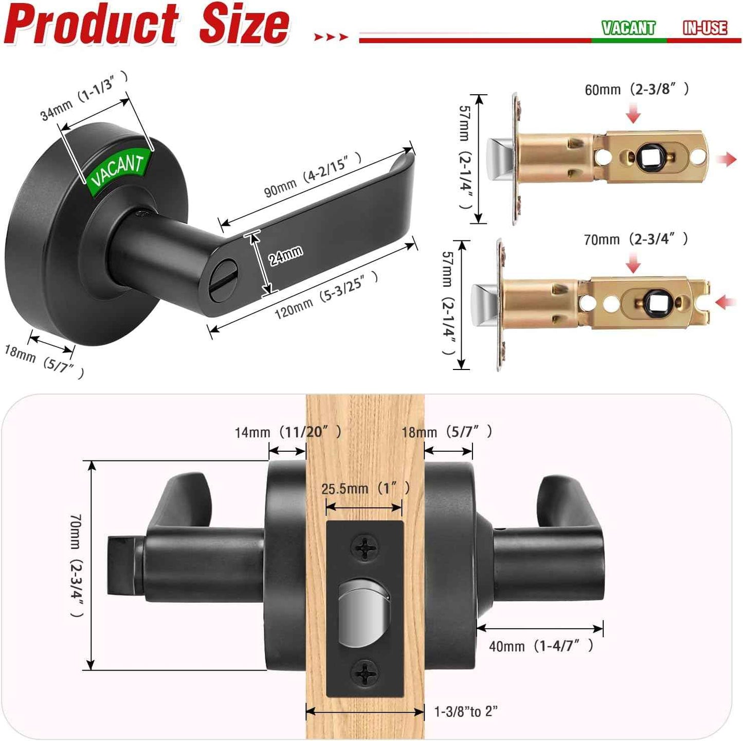 Commercial Grade Black Bathroom Privacy Door Lock - Vacant/Occupied Indicator for Restrooms