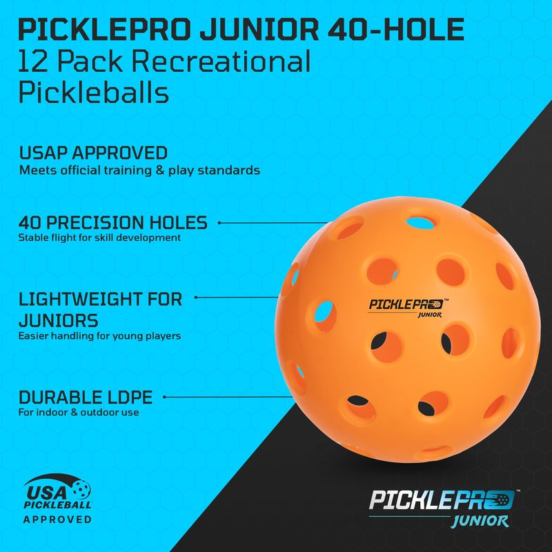 PicklePro Junior Outdoor & Indoor Pickleball Balls for Beginners – Lightweight LDPE 40-Hole Design for Stable Flight, Durable Construction for Training and Youth Play, USAPA Compliant (12 Pack)