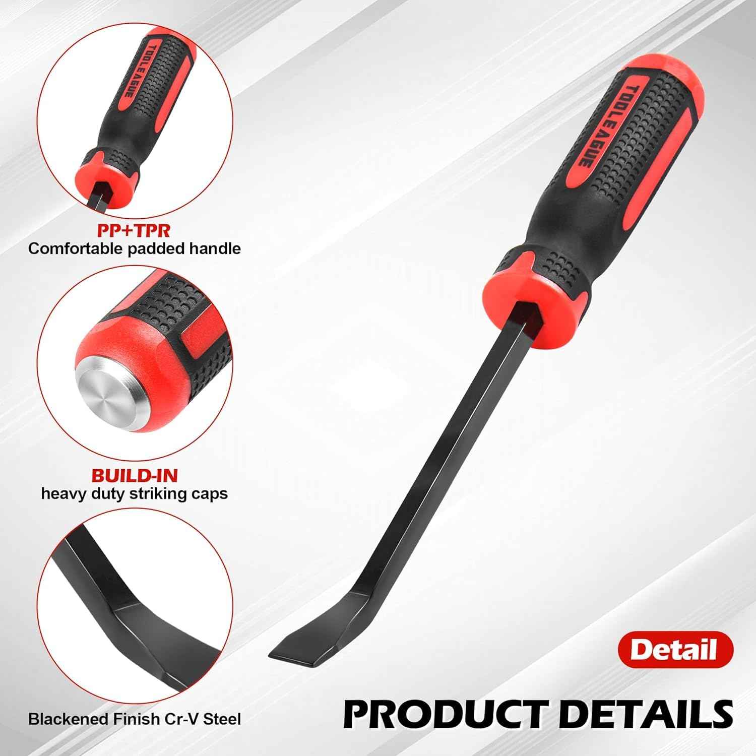 TOOLEAGUE Utility 3Pcs Pry Bar Set,8",12",18"Mechanic Hand Tools with Thicker Strike Cap Handle,Heavy Duty Pry Bar Tools for Automotive,Black and Red