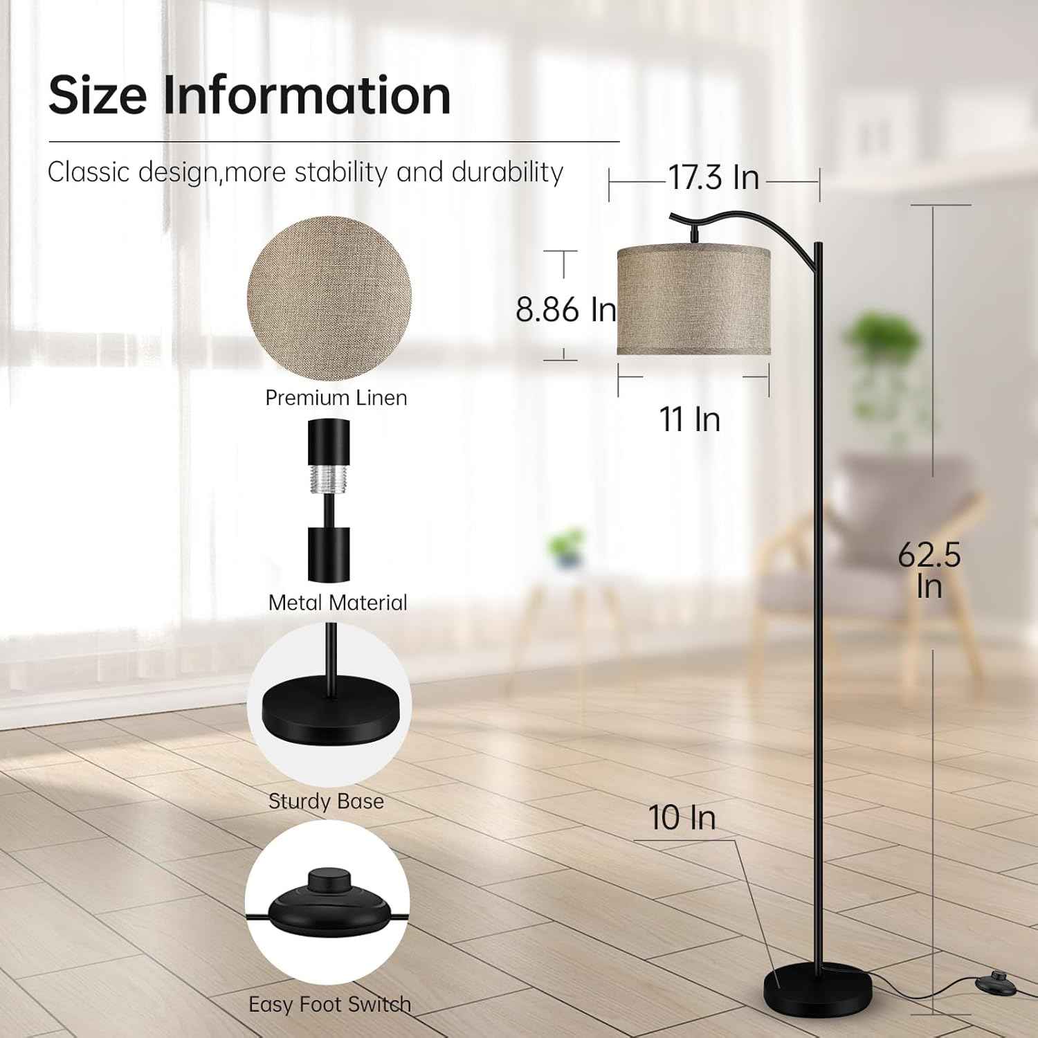 Modern LED Floor Lamp with Bohemian Linen Shade – Arched Tall Standing Light for Living Room & Bedroom