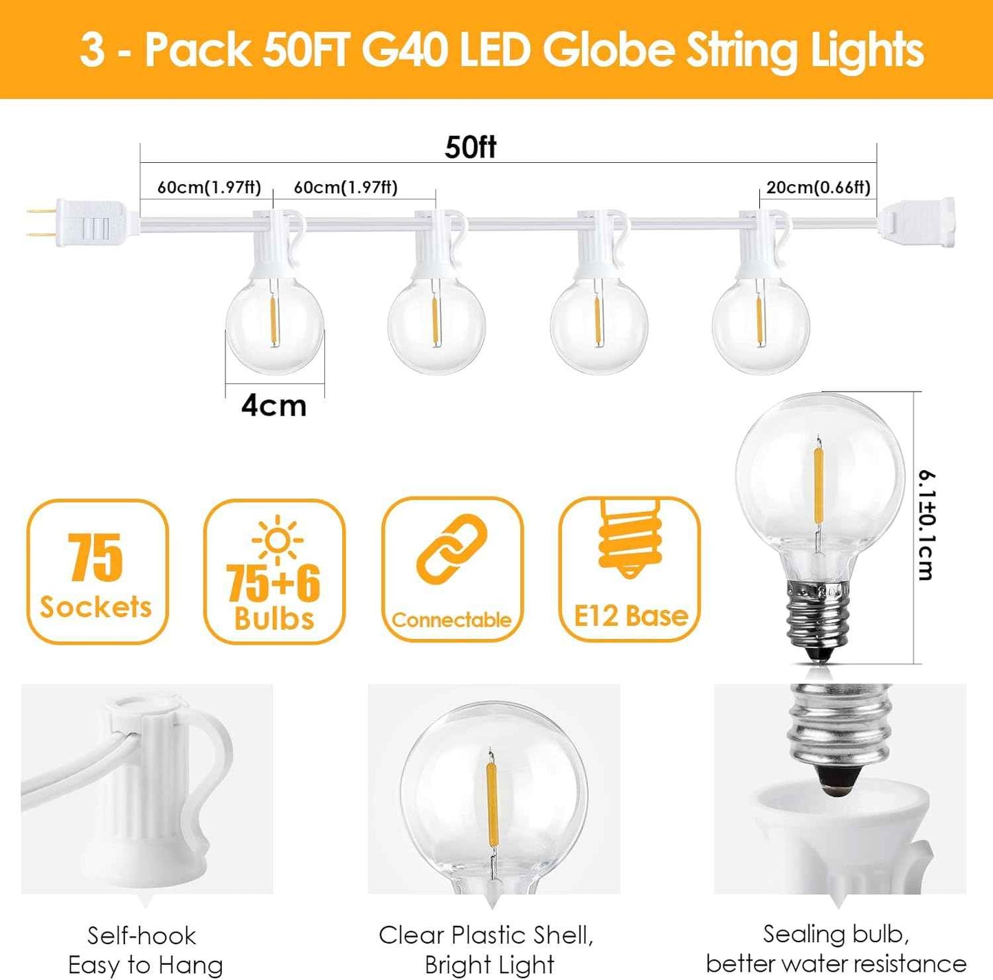 Outdoor String Lights 100FT - G40 Globe Patio Lights with 54 Waterproof LED Bulbs - Black Wire