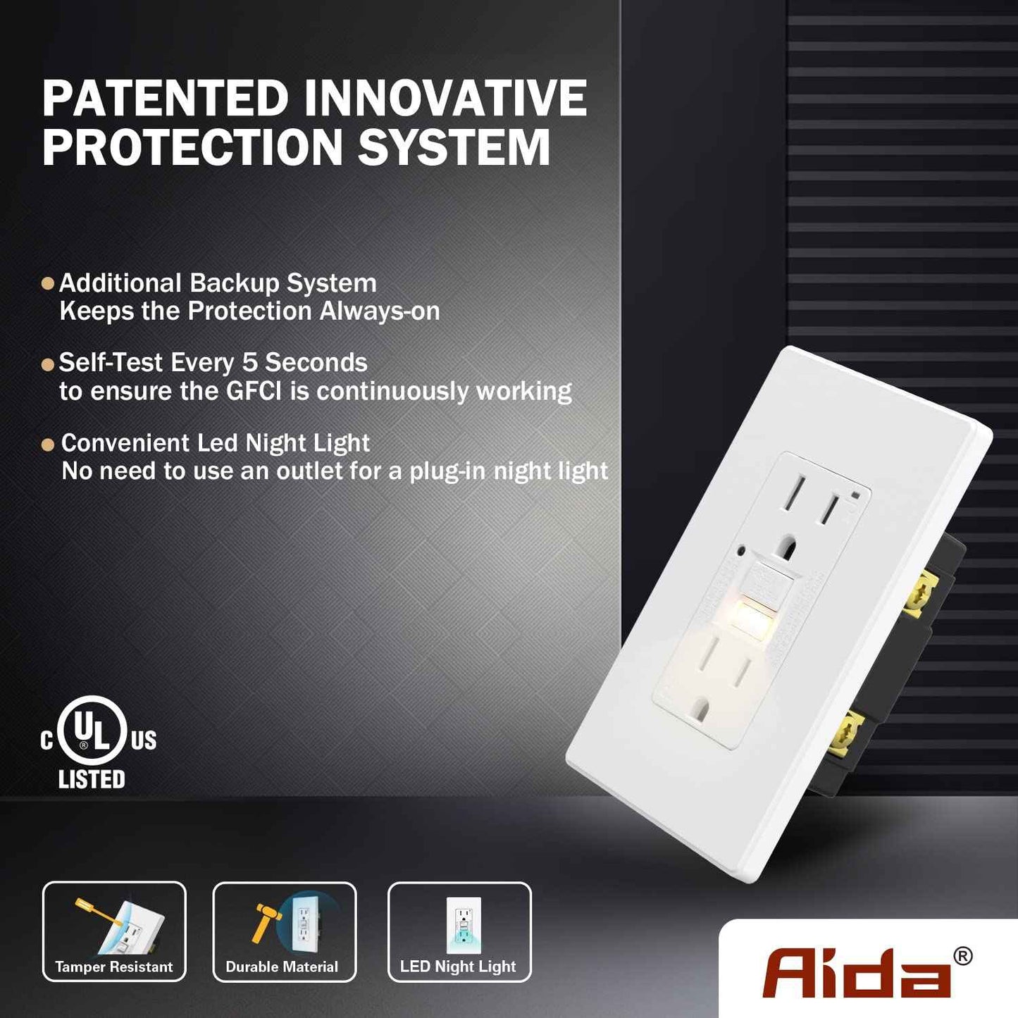 AIDA GFCI Outlet 15 Amp with Nightlight Plate,Self-Test Electrical Outlet, Tamper-Resistant Receptacle Ground Fault Circuit Interrupters, Wall Plate Included, UL Listed (4 Pack, Matte White)