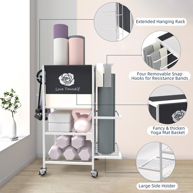 Yoga Mat Storage Rack,Home Gym Storage Rack Gym Workout Equipment Storage Organizer on Wheels for Yoga Mat,Yoga Block,Foam Roller,Resistance Band,Dumbbell,Kettlebell (White)