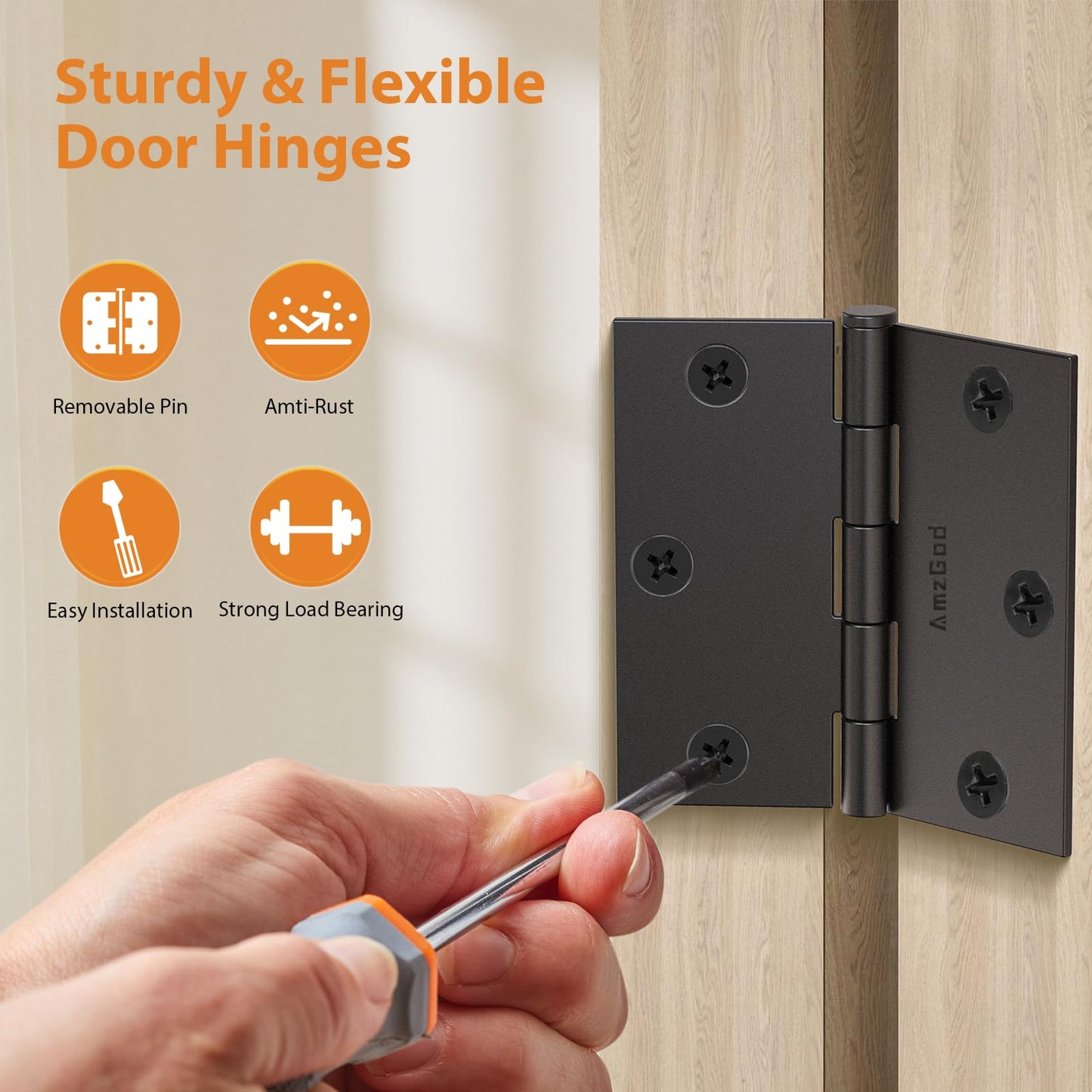 AmzGod 3 Pack 3.5 Inch Matte Black Door Hinges, Interior Hinges with Square Corners, 3 1/2" Black Hardware for Standard Residential Doors