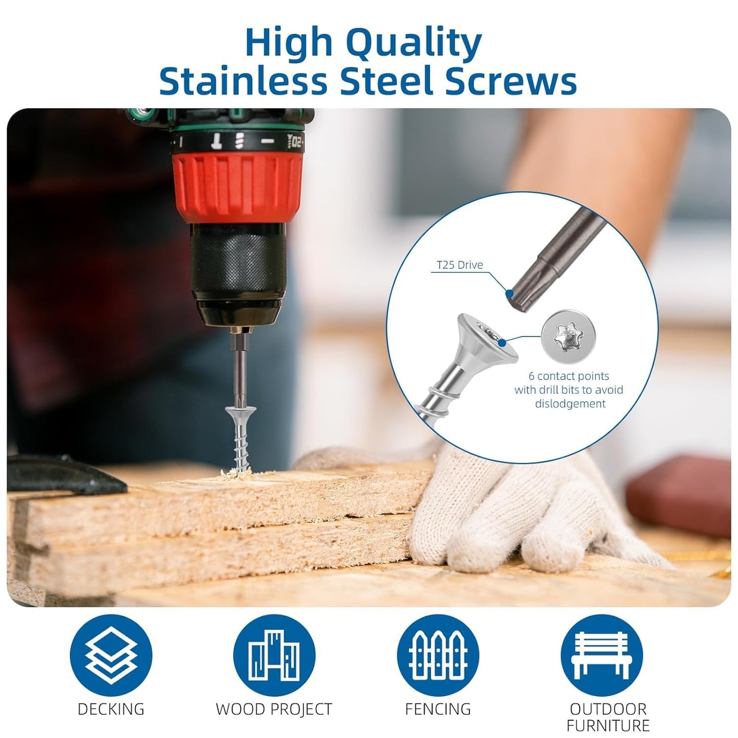 WELLOCKS Deck Screws 304 Stainless Steel #8×1-5/8" 100 PCS with T25 Star Torx Drive Flat Head Wood Screws High Corrosion Resistance for Outdoor Wood Fence(SS8158A)