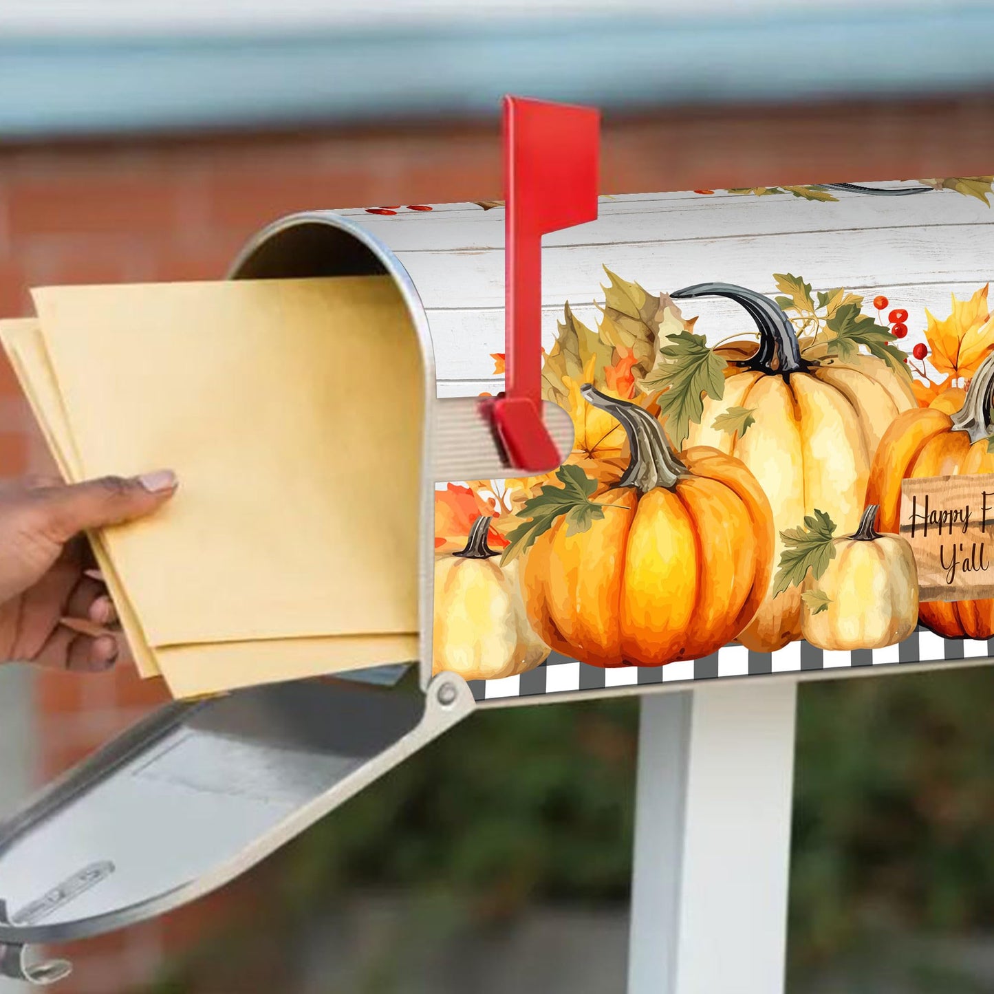 Happy Fall Y'all Pumpkin Maple Leaf Magnetic Mailbox Cover Standard Size 18" x 21" - Thanksgiving Harvest Autumn Letter Box Covers Decor for Outdoor Home Garden