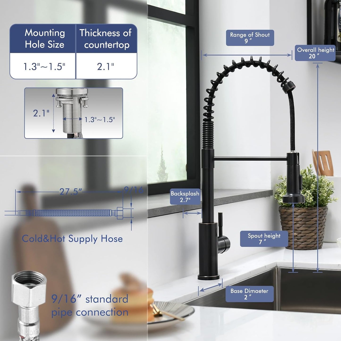 Matte Black Kitchen Faucet with Soap Dispenser - Commercial Single Handle Pull Down Sprayer