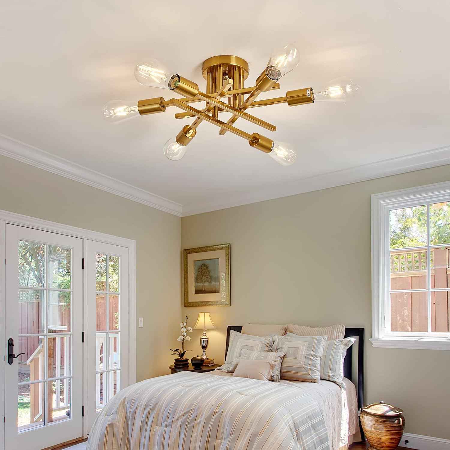 Gold Modern 6-Light Semi Flush Mount Ceiling Light Fixture - Vintage Sputnik Chandelier for Kitchen, Dining & Living Room
