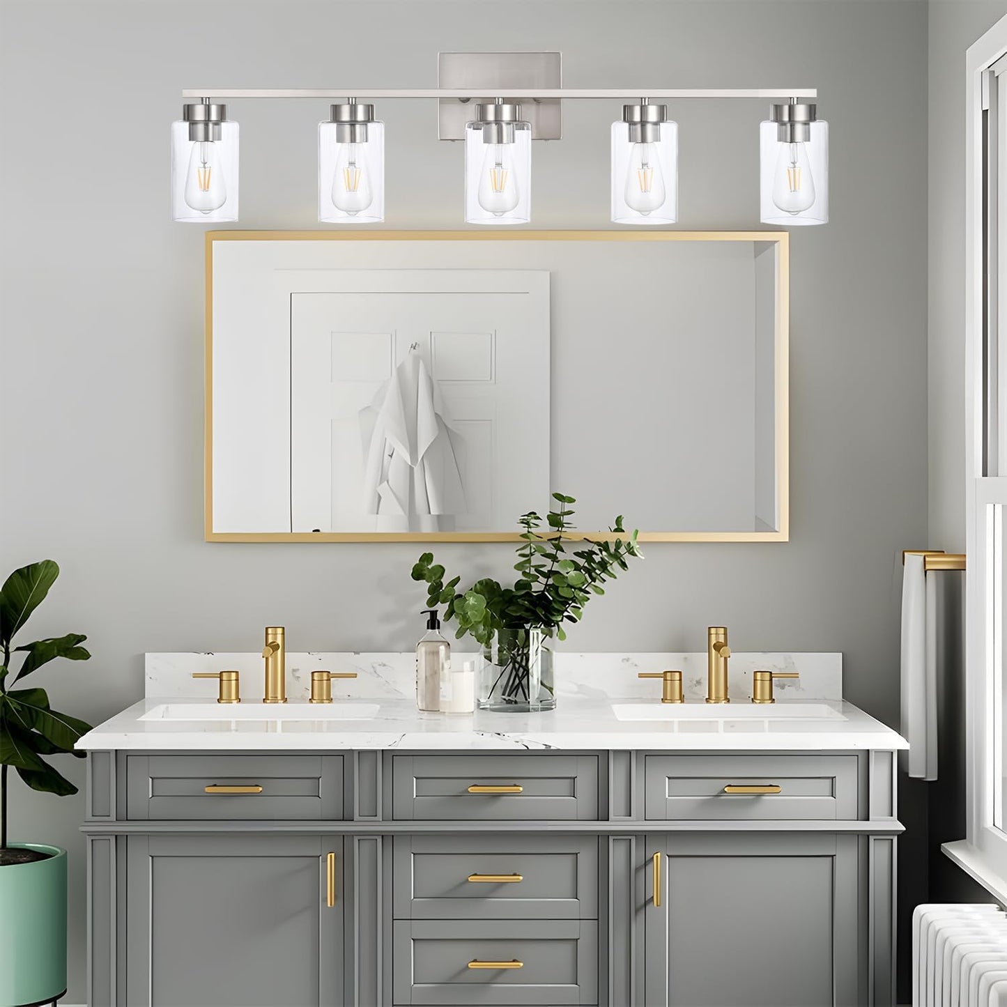 Modern 3-Light Bathroom Vanity Light in Brushed Gold with Clear Glass Shades