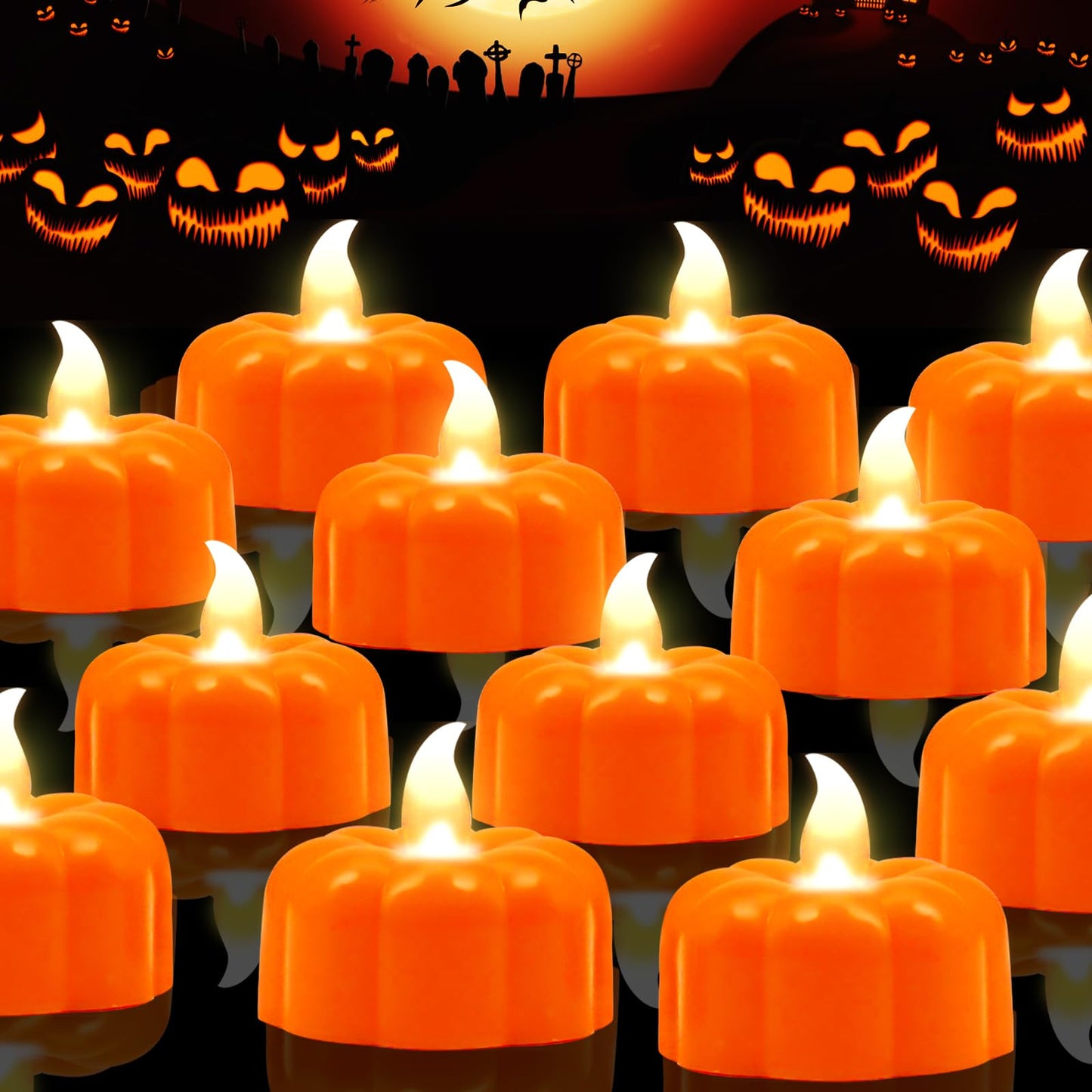 12 Pack Pumpkin Tea Lights Halloween Decorations, LED Orange Pumpkin Lights FlameLess Candles Battery Operated Thanksgiving Flickering Tealights Candles for Table Home Party Christmas Fall Decor