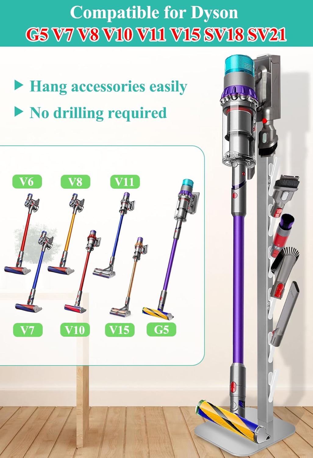 Dyson Vacuum Stand & Holder for Gen5 V15 V12 V11 V10 V8 V7 V6 - Metal Storage Bracket with Hidden Cord Design