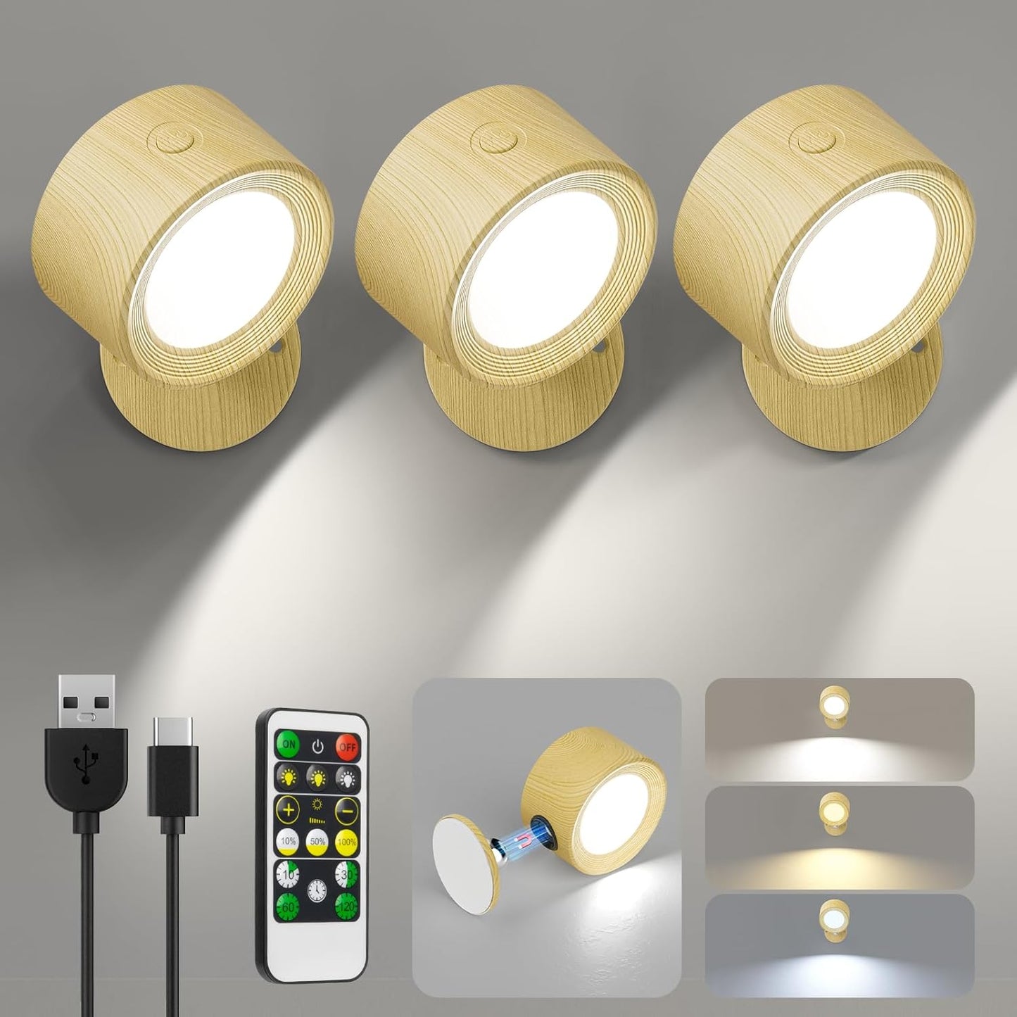 Rechargeable LED Wall Mounted Lights - 3 Pack with Remote, Dimmable & 360° Rotation for Bedroom