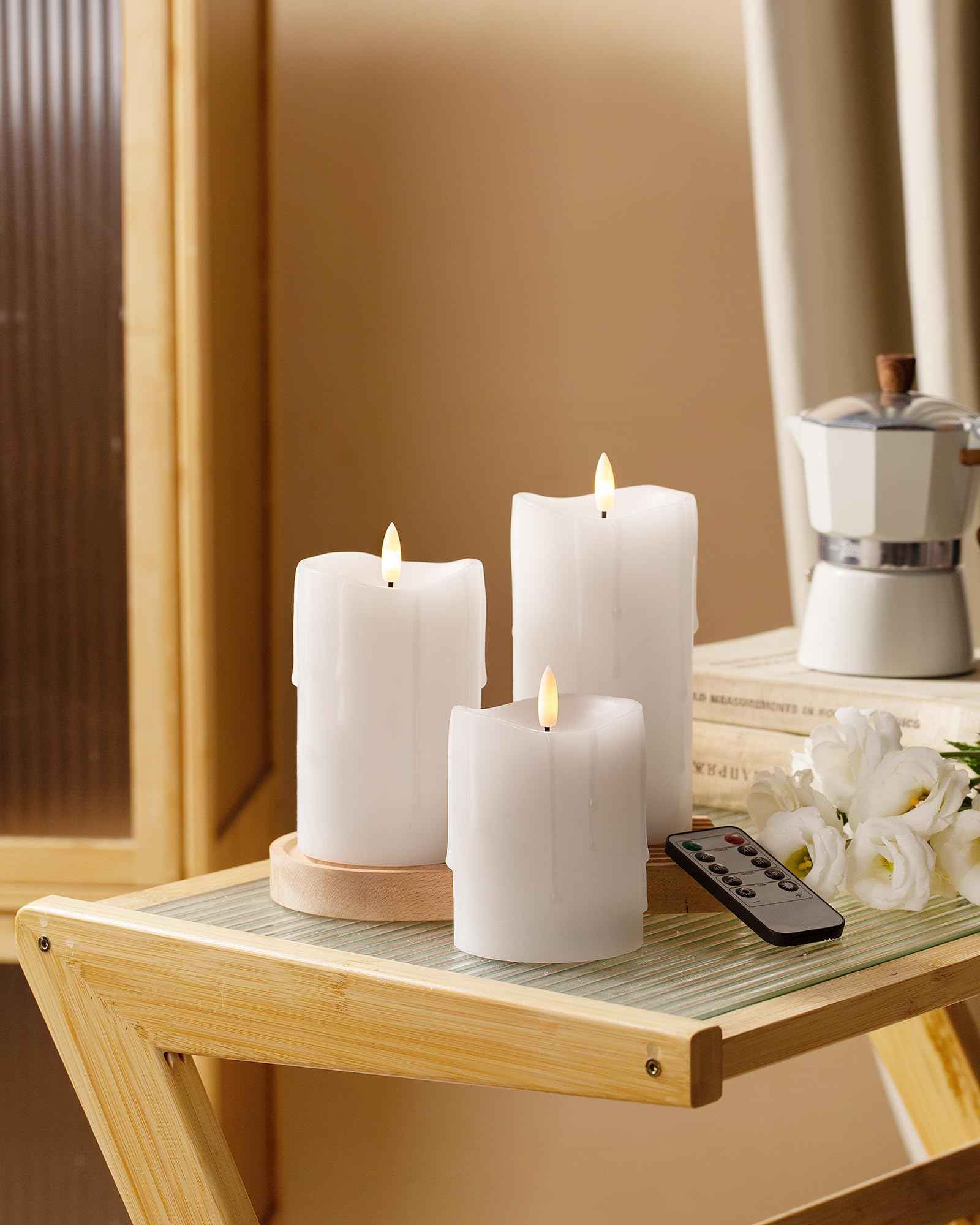 Velsyn White Flameless Candles with Remote and Timer, Real Wax Made Wax Drip LED Pillar Candles Battery Operated with 3D Flickering Flame Melted Top - 3" x 4", 3" x 5", 3" x 6" - Set of 3