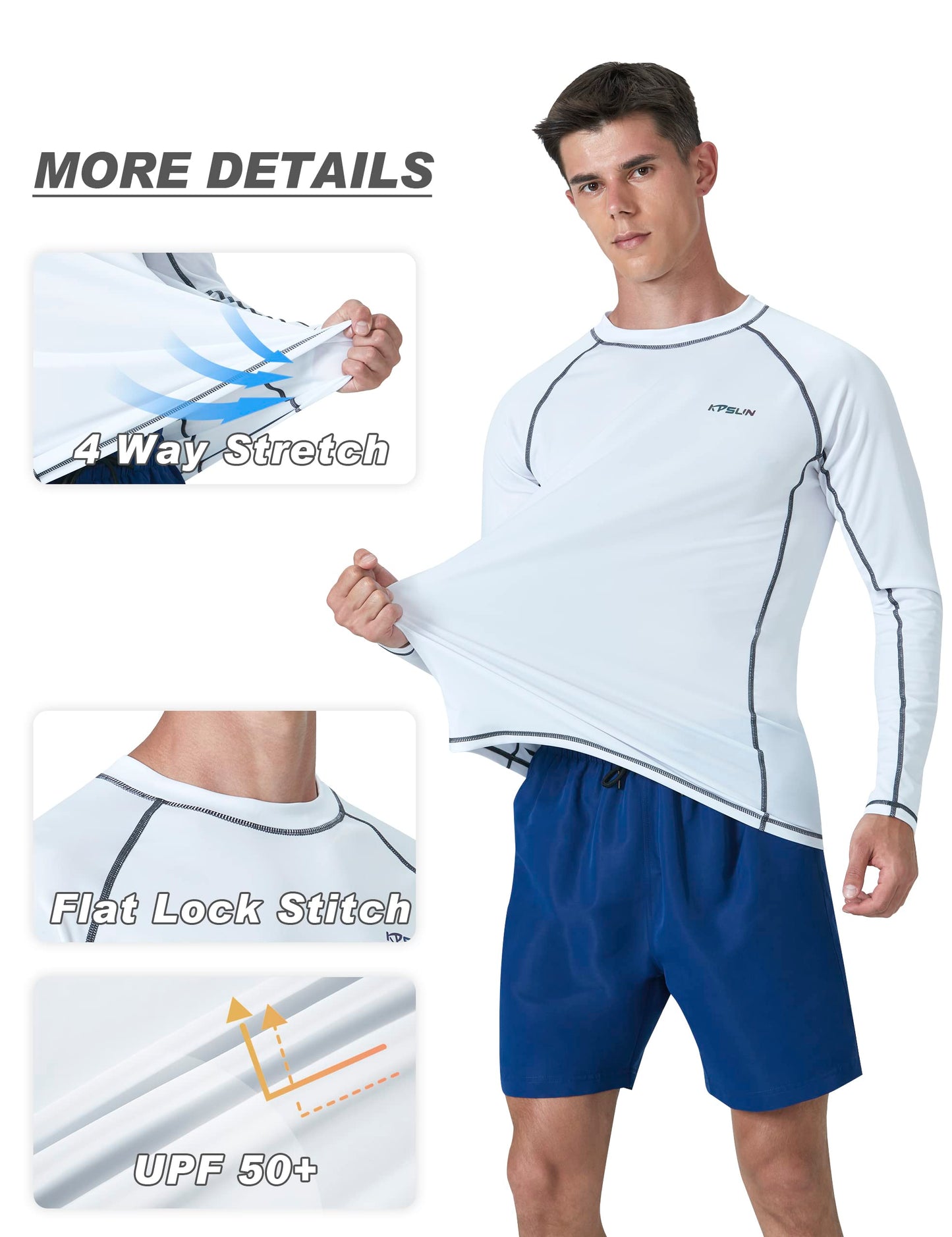 KPSUN Men UPF 50+ UV Swim Sun Shirt Quick Dry Long Sleeve Rash Guard White