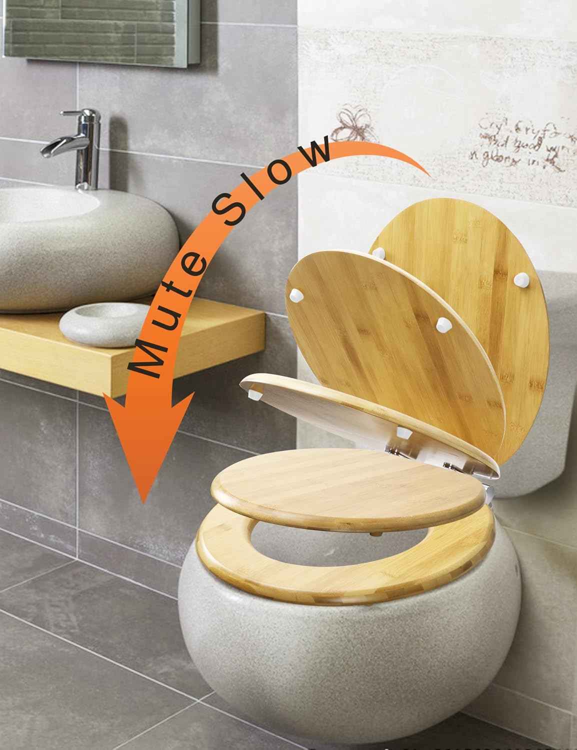 17-Inch Round Bamboo Toilet Seat with Quick Release & Slow Close - Zinc Alloy Hinges