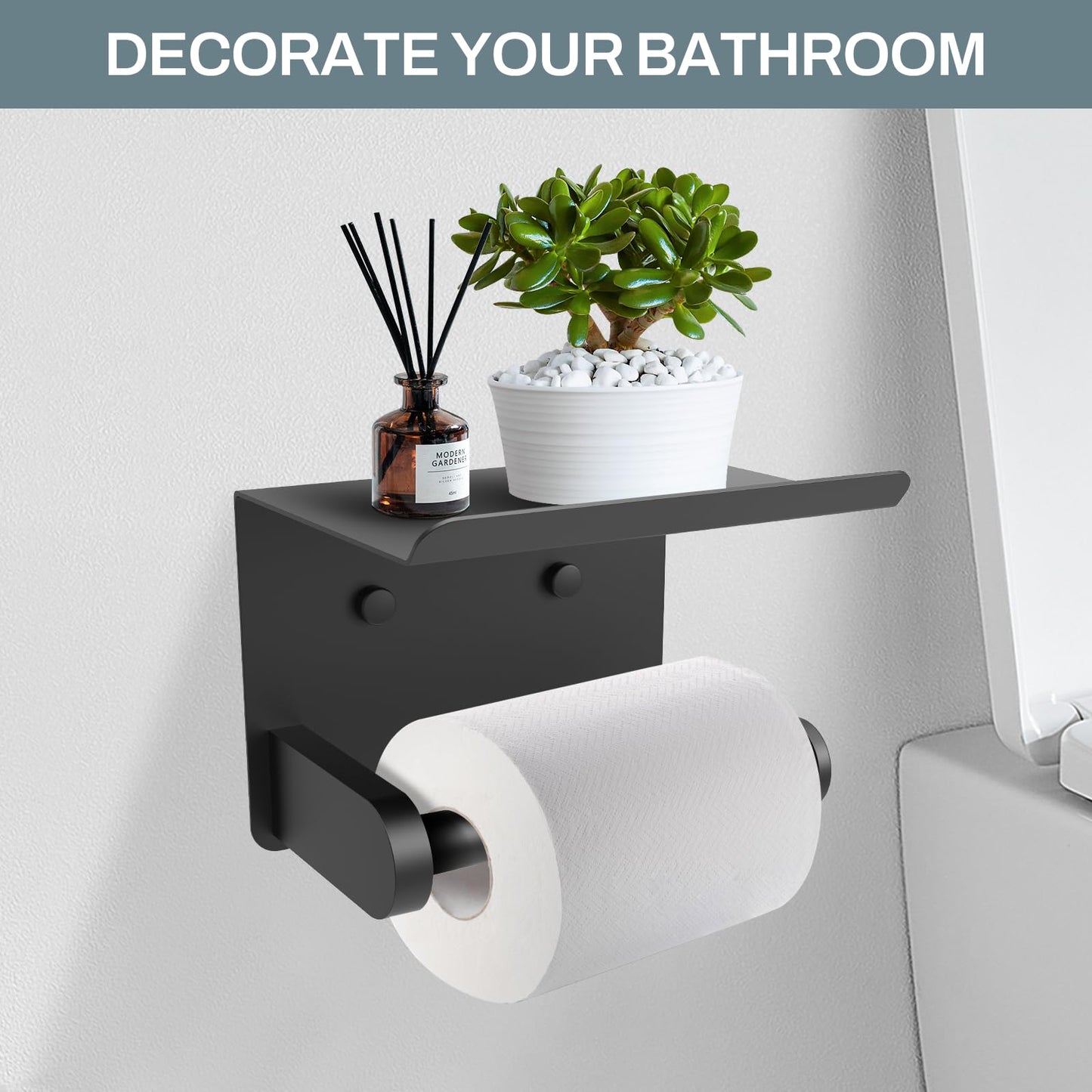 SetSail Toilet Paper Holder with Shelf Adhesive or Screw Bathroom Toilet Paper Roll Holders Wall Mount Matte Black Tissue Holder for Bathroom Hardware Accessories