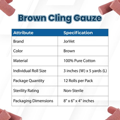 JorVet Brown Cling Gauze | 100% Cotton, Soft & Breathable for Wound Care, Pet Dressings & Medical Use | Comfortable, and Ideal for Healing & Recovery | Brown | 12 Rolls 3" x 5 Yards