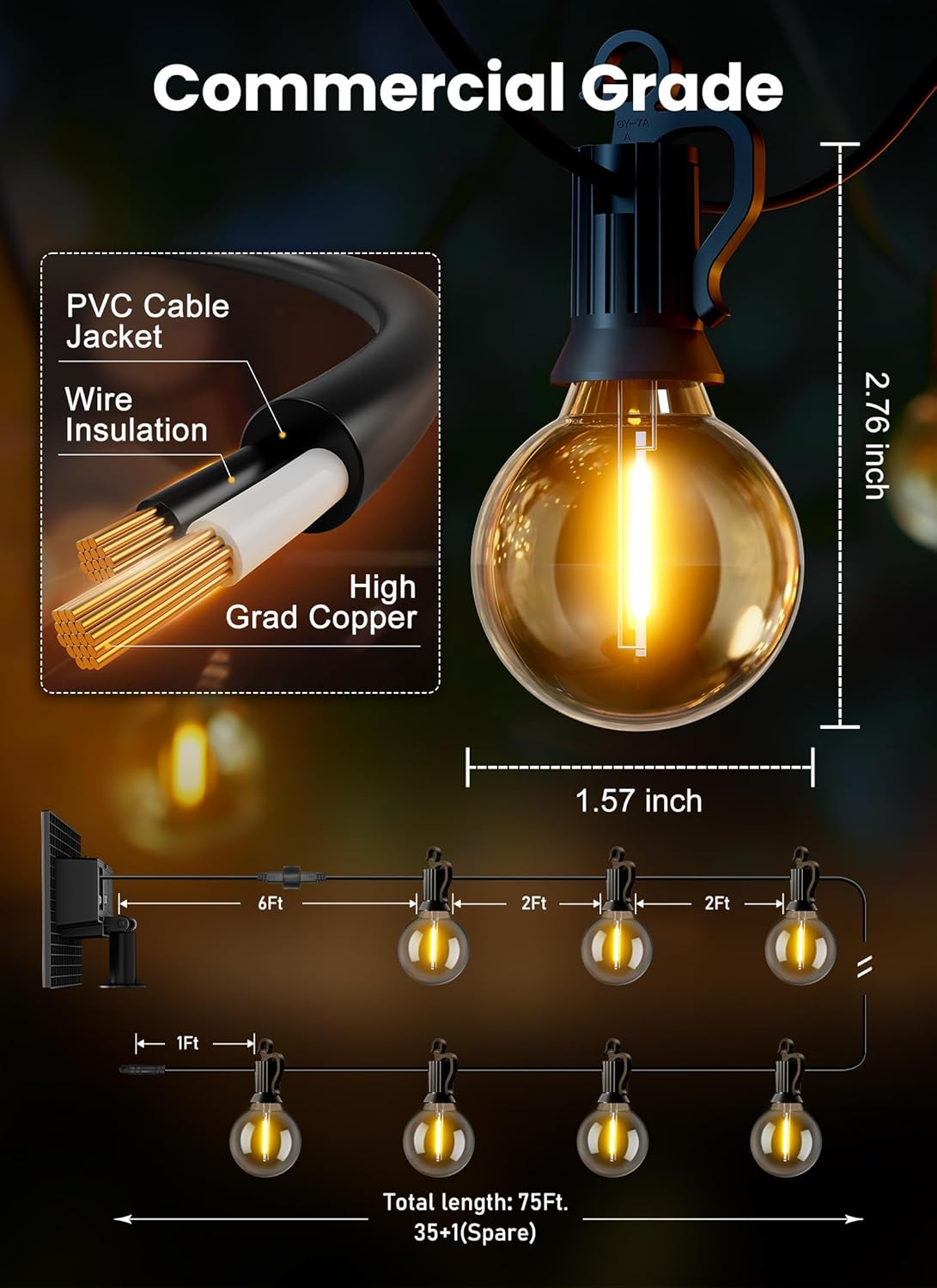 Solar String Lights Outdoor 108FT with Remote - 52 Dimmable LED Bulbs for Patio, Garden, Wedding