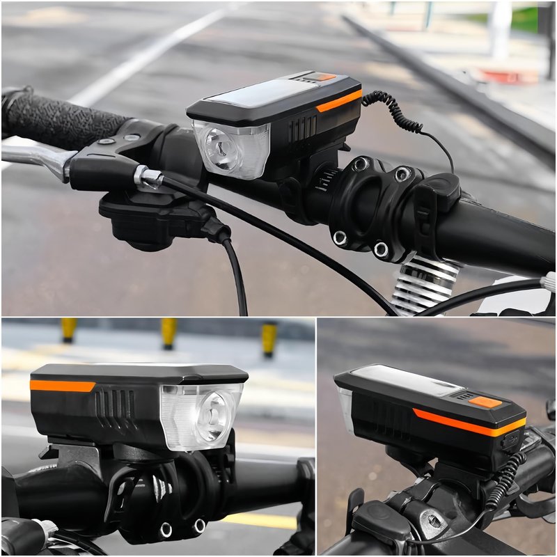 Bike Horn Headlight Solar/USB Dual Charging Bike Horn Light High Brightness Bike Headlight Waterproof Bike Horn Light Ideal for Mountain and Road Night Riding Essential Gear for Night Cycling (orange)