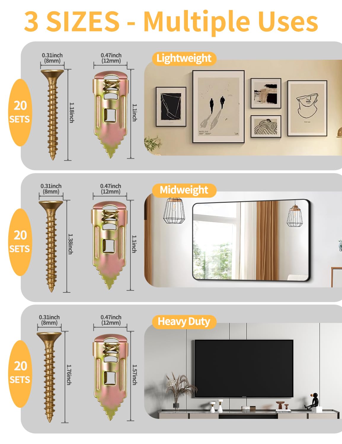 ComfrtX 3 Sizes Metal Expansion Bolts for Drywall - 120PCS Self Drilling Anchors with Screws,Drywall Screws and Anchors Kit,No Drill Hole Needed for Mounting TV,Shelf, Mirror,Cabinet,Picture Frames