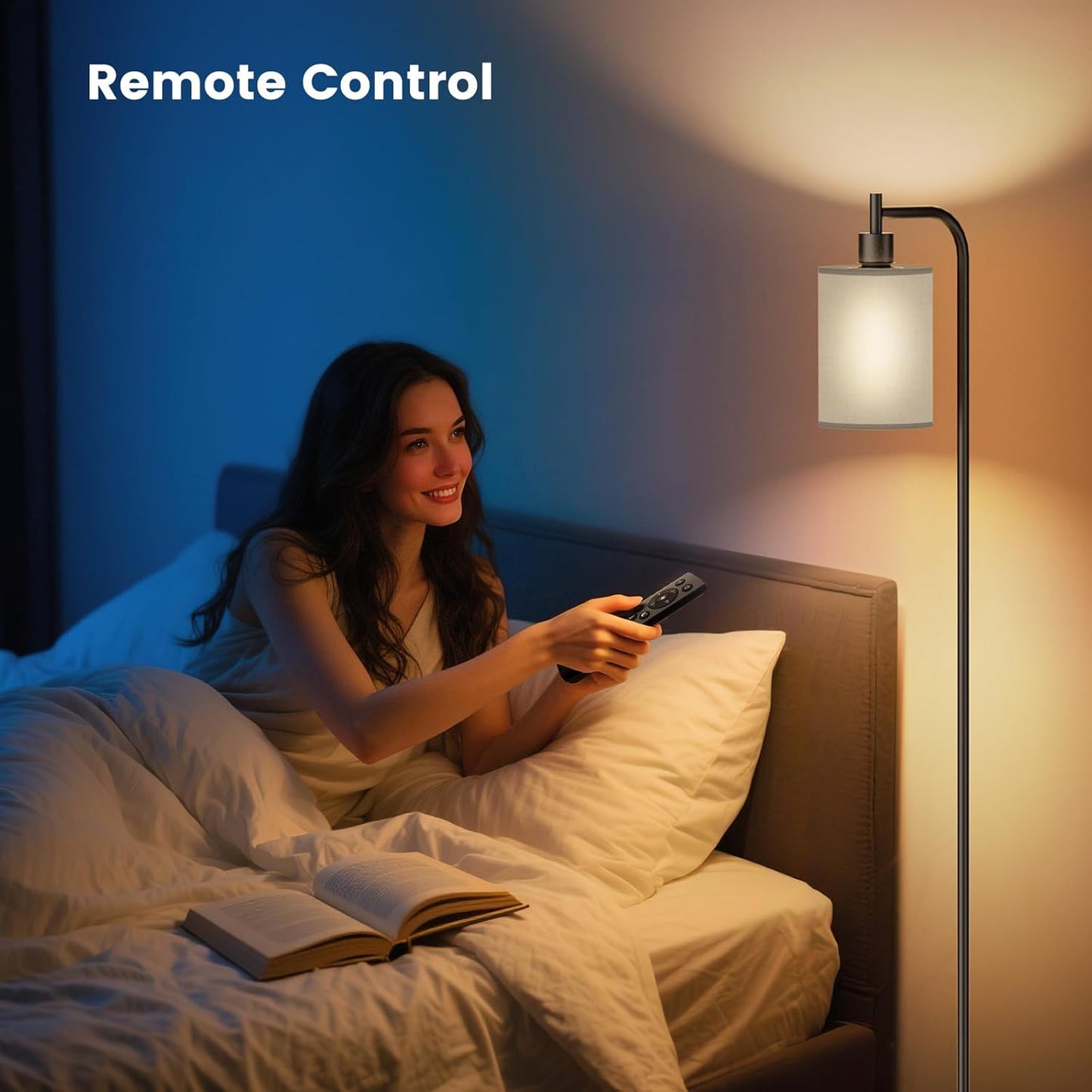 Dimmable Floor Lamp with Linen Shade & Remote Control - Modern 9W LED Standing Lamp for Living Room, Bedroom, Office