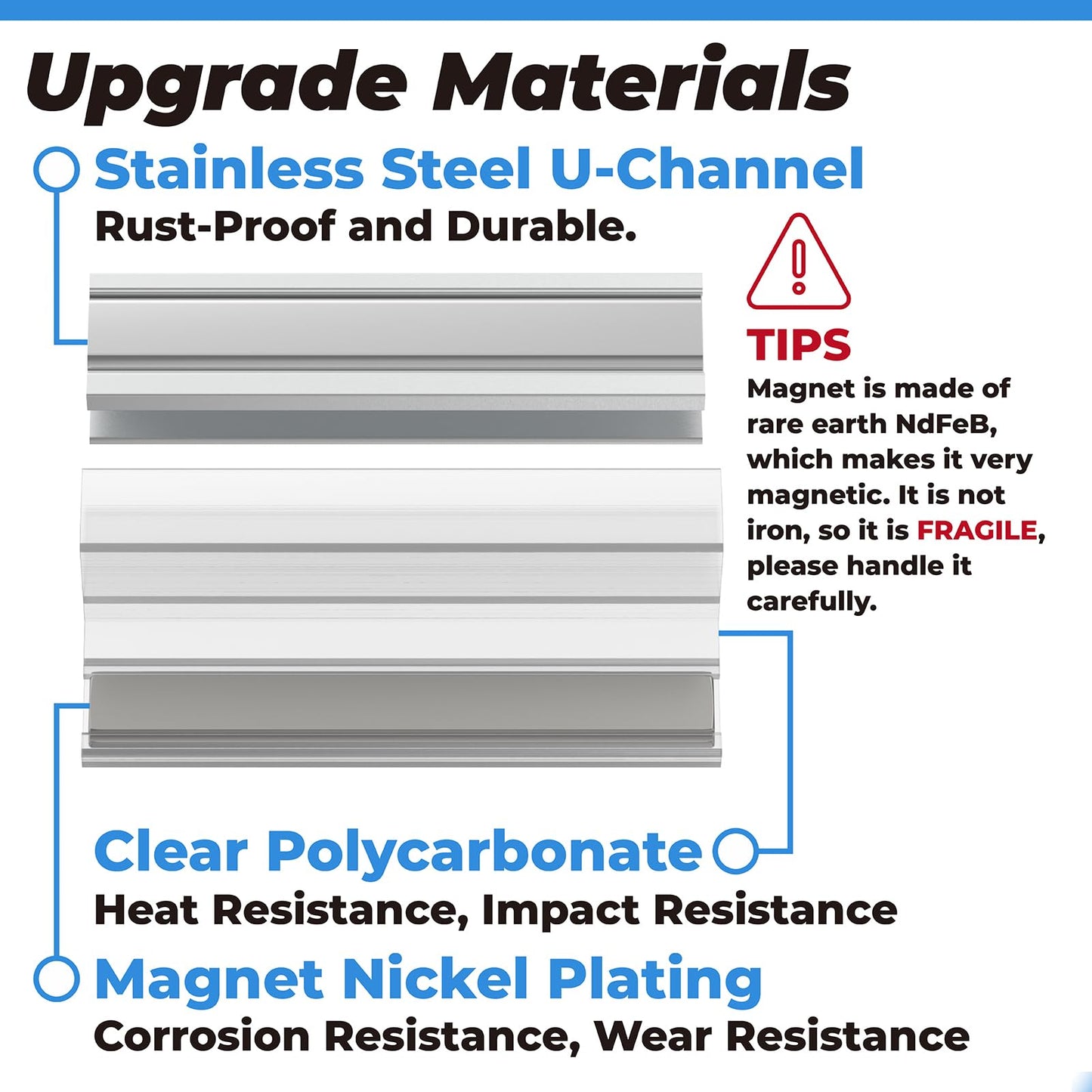 U Channel Door Frame with Metal Strike for 1/8" 5/32" 3/16" and 1/4" Thick Swing Glass Shower Doors, U Channel Door Frame with Clear Polycarbonate and Magnet for 3/8" Frame and Frameless Shower Door