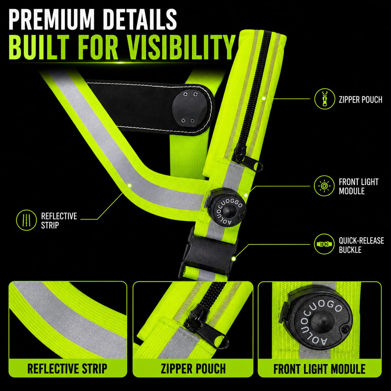 500LM Running Lights for Runners,7+8 Front & Back Light Modes & 360° Reflective Running Vest with Light Up Zip Waist Bag,IPX4 Waterproof High Visibility Rechargeable Gear for Night Walking/Cycling