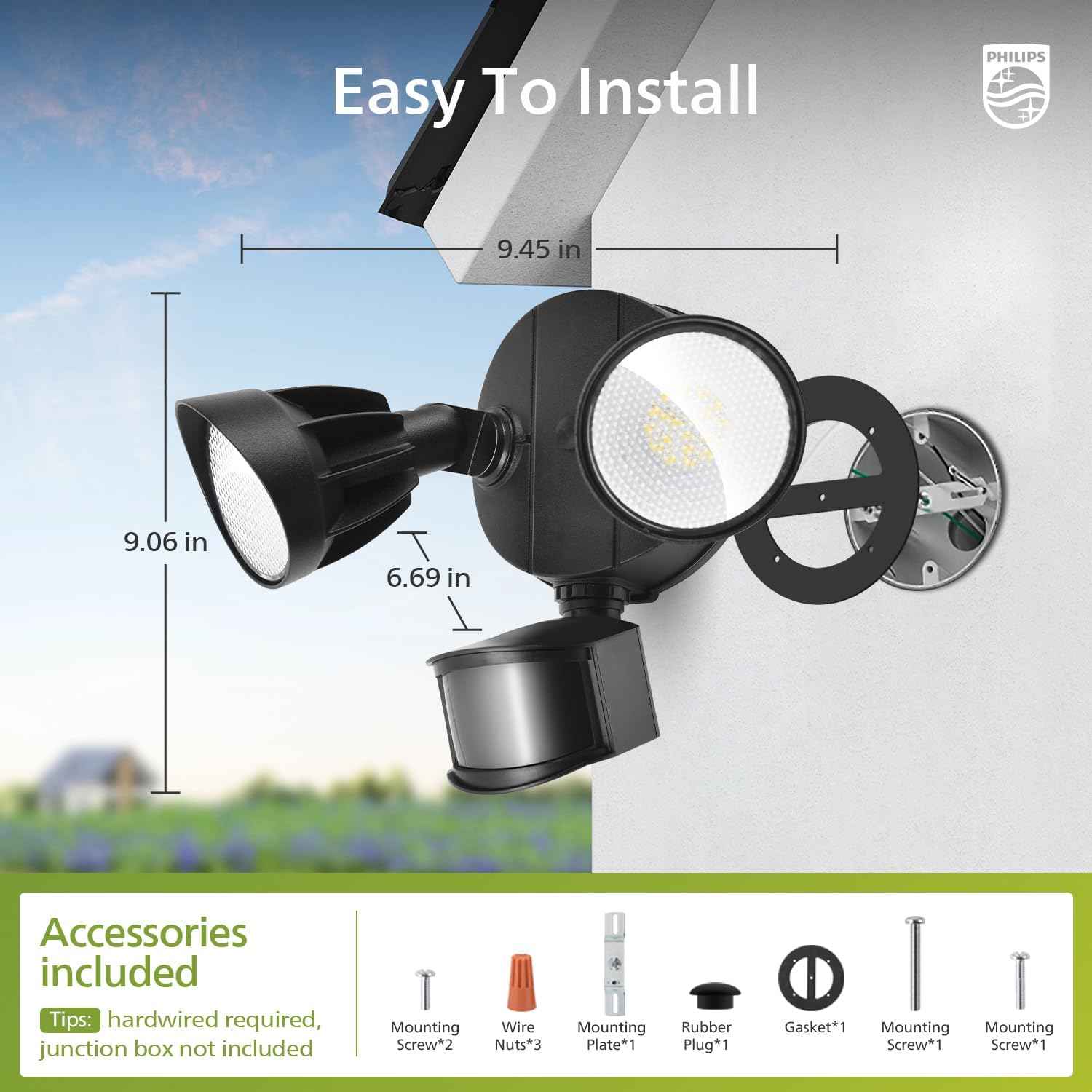 Philips 44W LED Outdoor Security Light with PIR Motion Sensor - 4200 lm, 5000K, Waterproof, Dusk to Dawn, Dual Heads