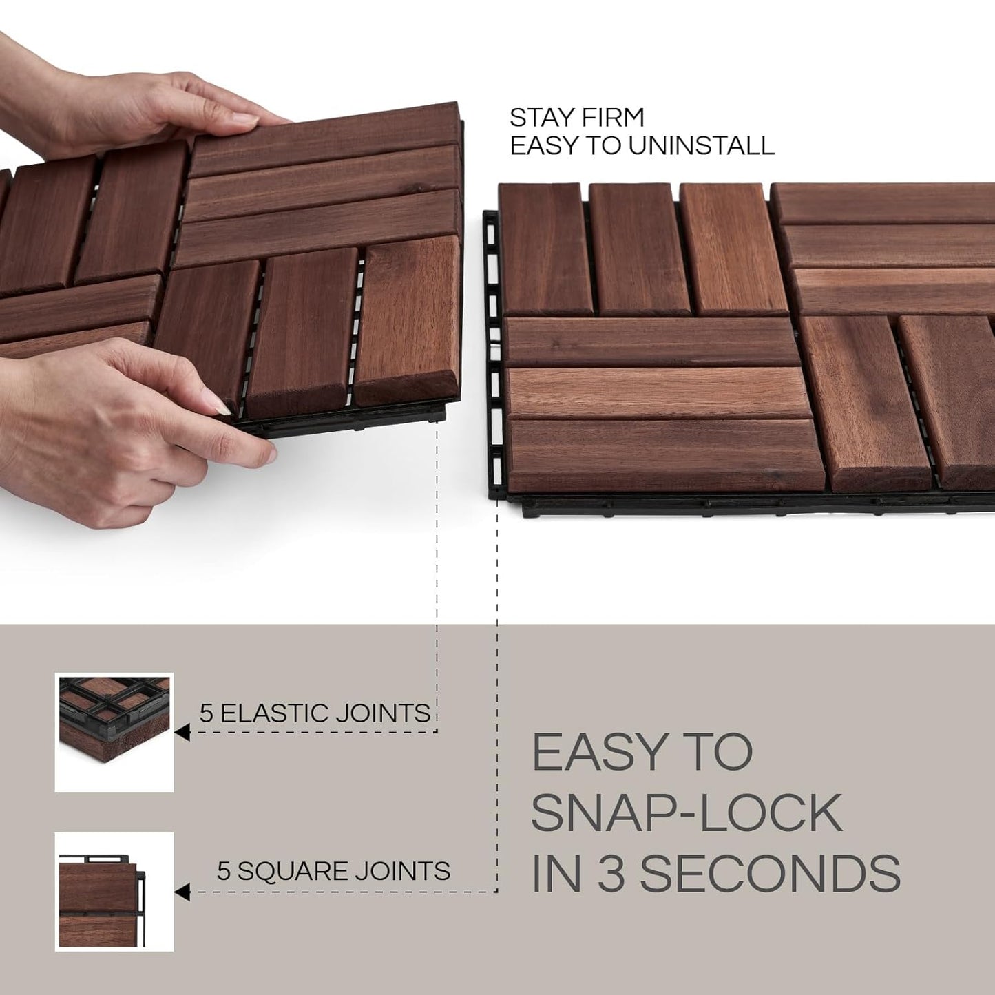 Outdoor Waterproof Acacia Wood Deck Tiles - 10 Pcs Patio Flooring for All Weather Use