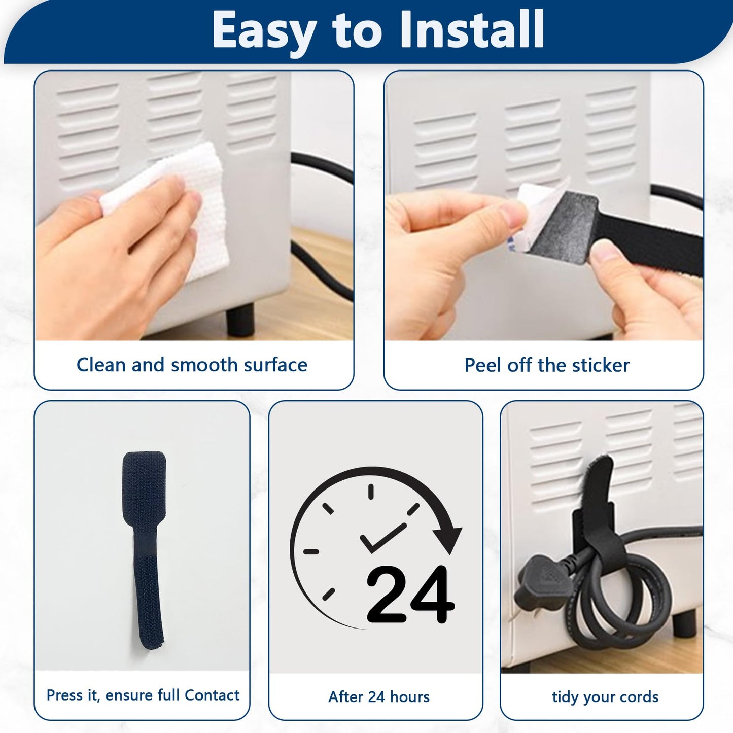 Abnii 50 PCS Hook and Loop Cable Ties, Under Desk Cable Management, Self Adhesive Cable Clips Straps, Sticky-Back Cord Organizer, Wire Organizer for TV PC Laptop Ethernet Desktop, White