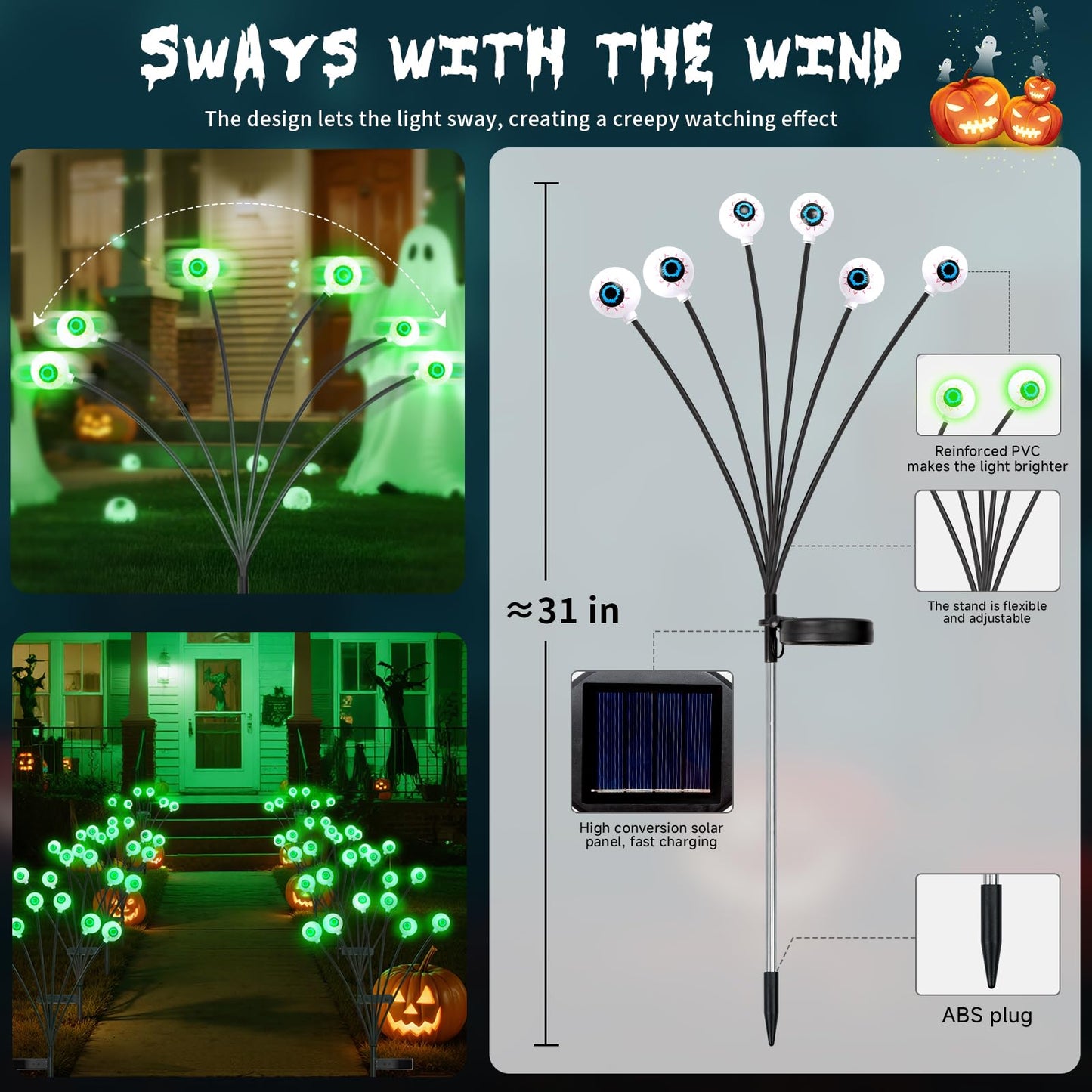 Halloween Outdoor Decorations, Solar Scary Eyeball Lights, 4PACKS 24LED Solar Eyeball Pathway Lights, Steady On & Flash Outdoor Halloween, IP65 Waterproof decorations for Yard/Lawn/Decor(Green)